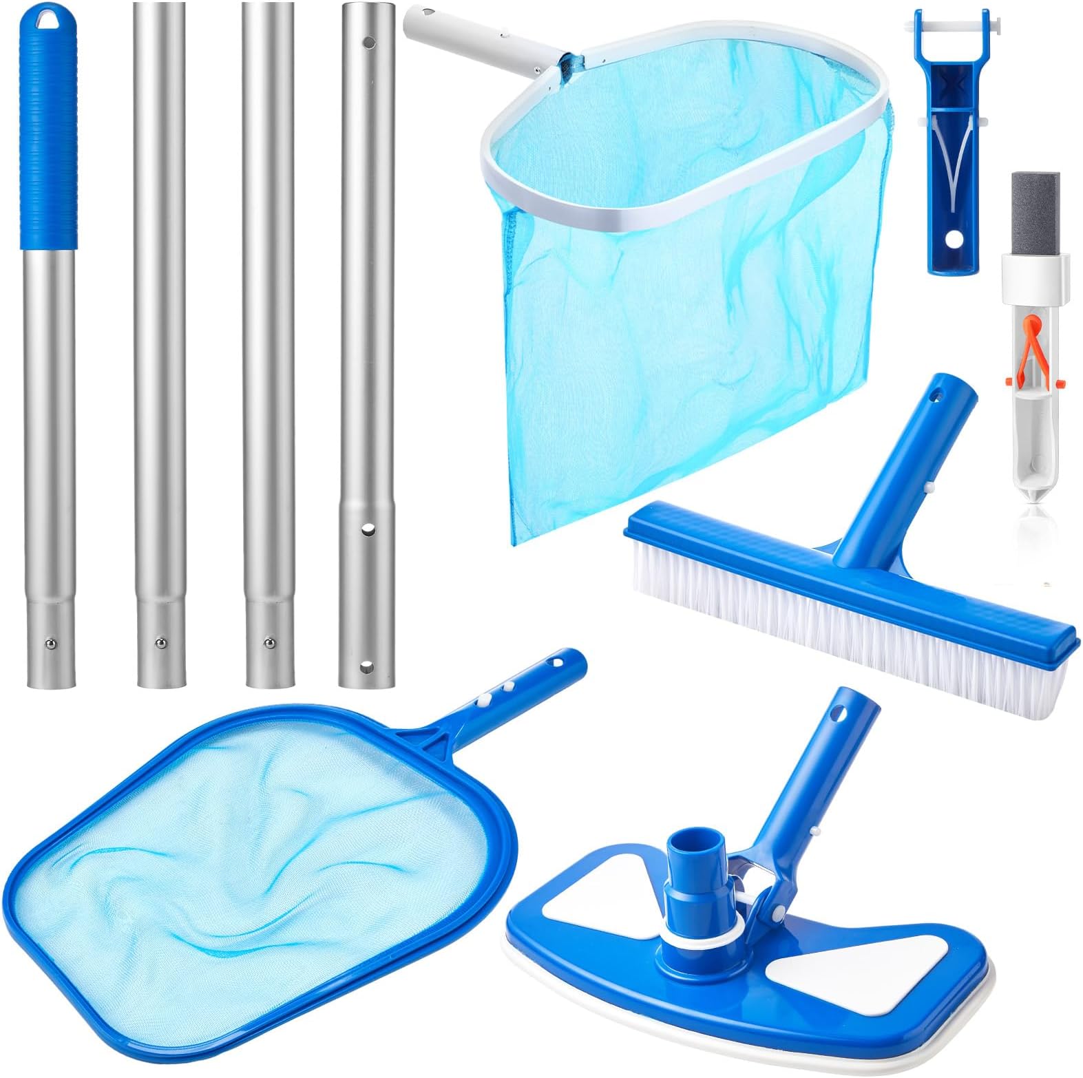 5 Pcs Swimming Pool Cleaning Kit 17.5'' Brush Head with 47'' Telescopic Aluminum Pole and Leaf Skimmer Net Vacuum Head Pumice Stone with Handle for Above Ground Pool Spa Hot Tub Maintenance