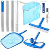 SiliFine 5 Pcs Swimming Pool Cleaning Kit 17.5'' Brush Head with 47'' Telescopic Aluminum Pole and Leaf Skimmer Net Vacuum Head Pumice Stone with Handle for Above Ground Pool Spa Hot Tub Maintenance