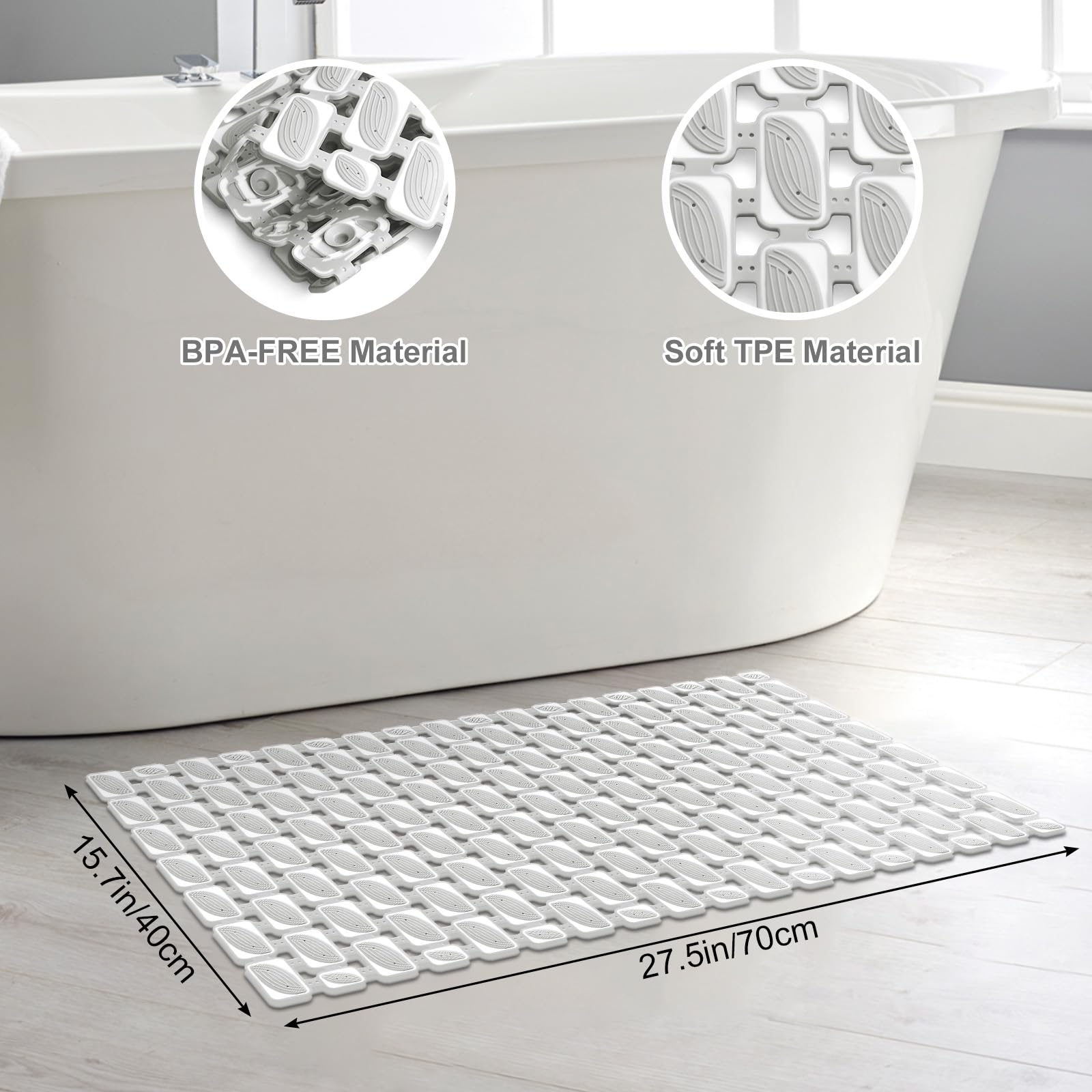Alfombrilla de ducha antideslizante de 70 x 40 cm, antimoho, con ventosas fuertes y drenaje rápido, alfombrilla de baño de goma antideslizante para ducha interior, corte a medida, lavable a máquina