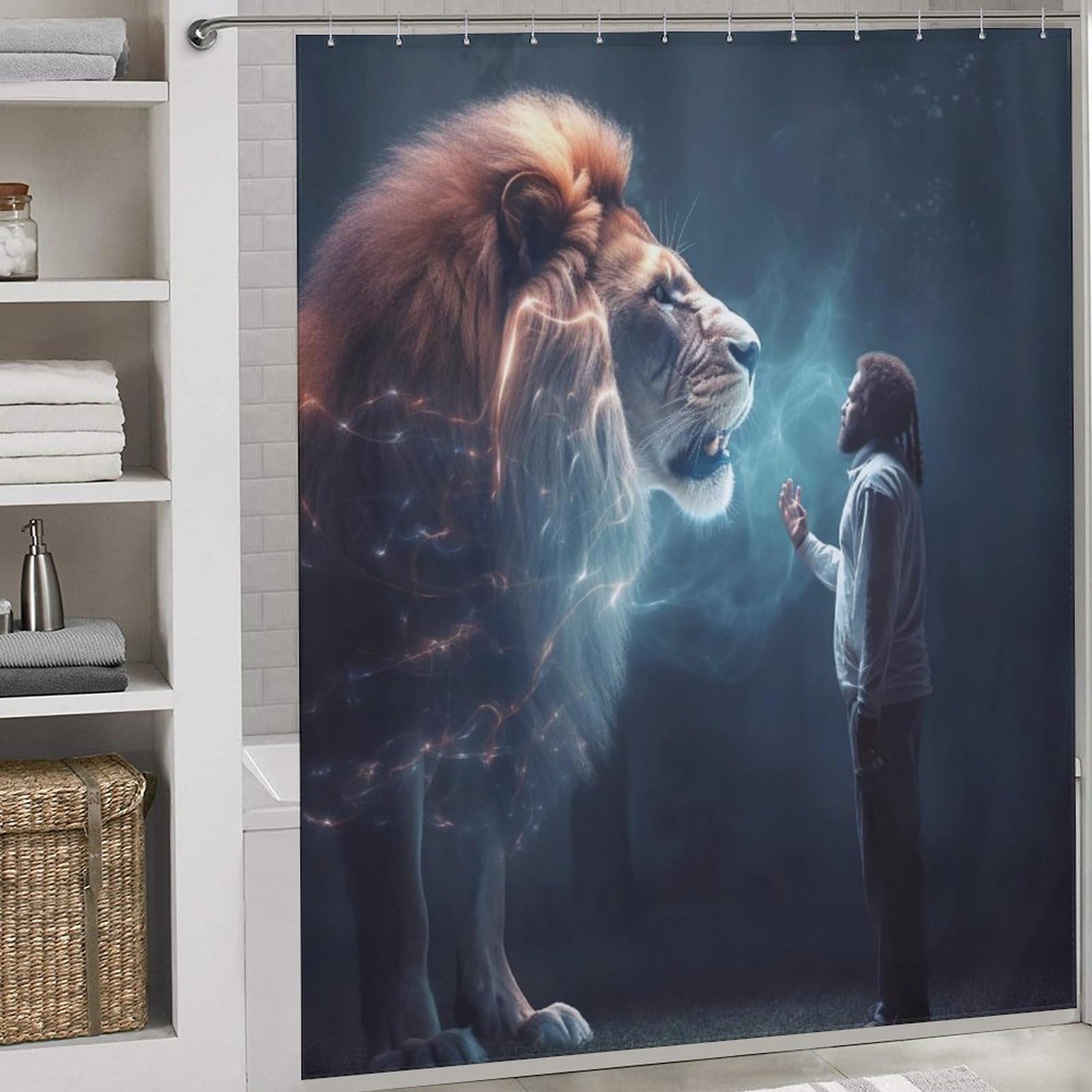 Rideau de douche lion tissu lavable polyester 183x183cm avec 12 crochets inclus