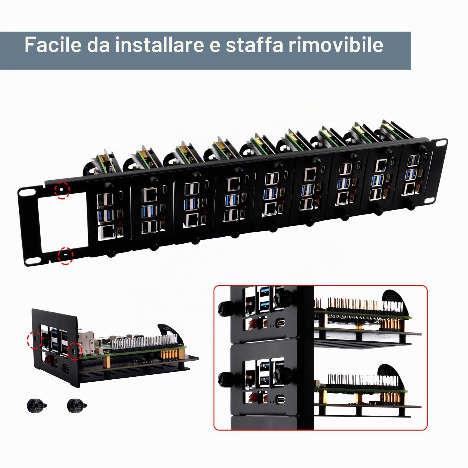 GeeekPi Supporto rack 2U da 19" per Raspberry Pi 5, con 10 adattatori SSD PCIe a M.2 NVMe, può contenere fino a 10 schede Raspberry Pi 5/4B, compatibile con server rack da 19"