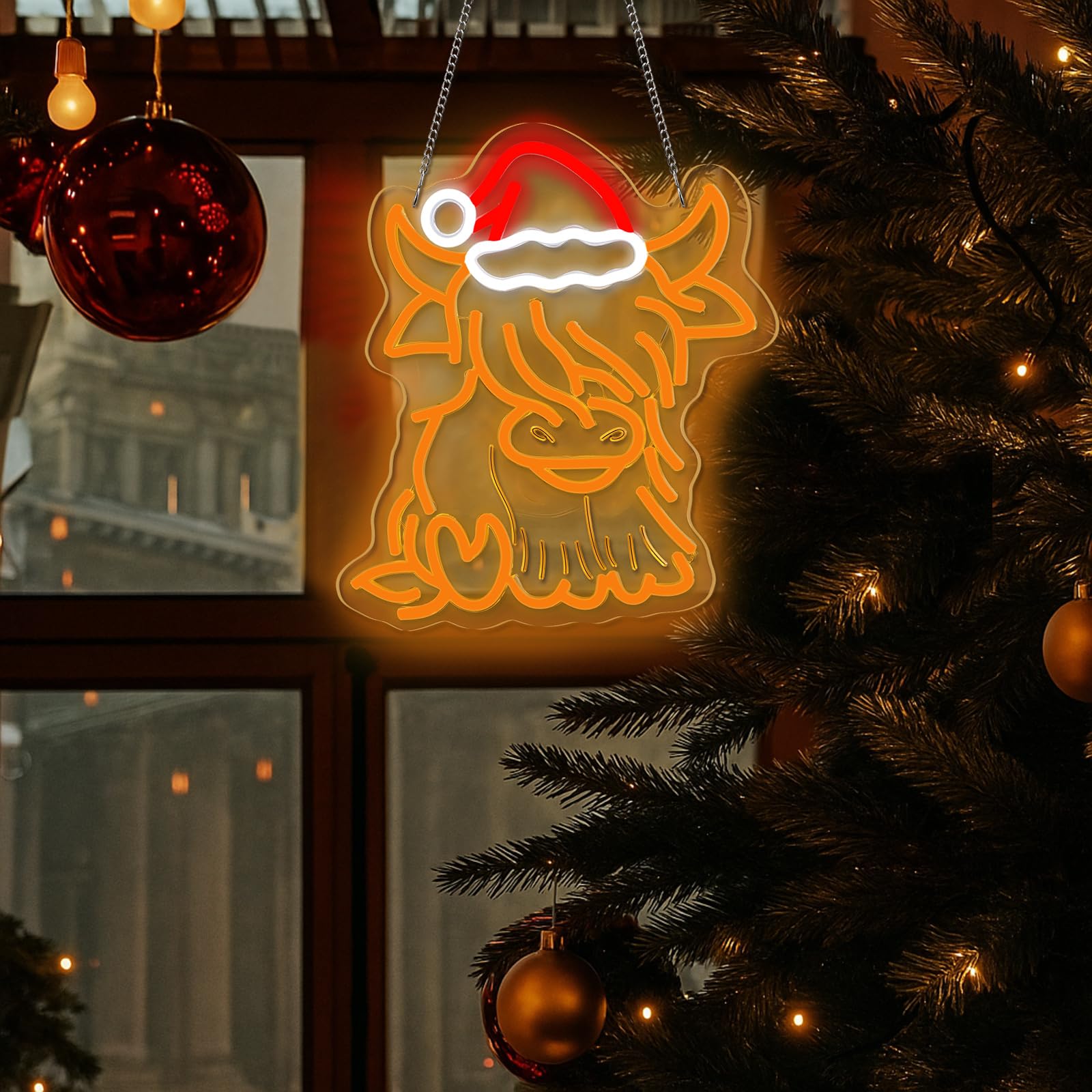 Riakrum Panneau néon en forme de vache des Highlands - Décoration de fenêtre de Noël pour chambre à coucher, salon, fête de vacances