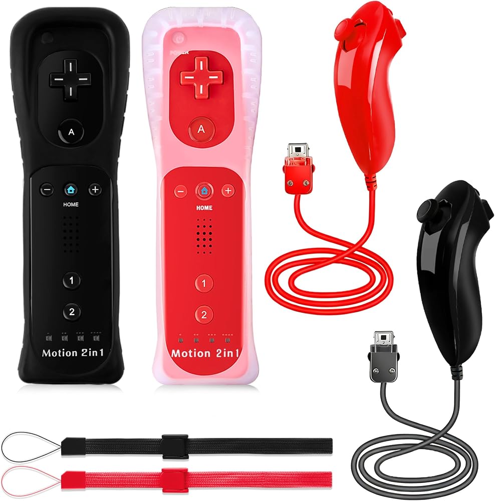 DTianSir 2 Pack Wii Remote Controller with Nunchuk Controller,Wireless Controller with Built in Motion Plus for Nintendo Wii & Wii U Console (Black&Red) — 사진 1