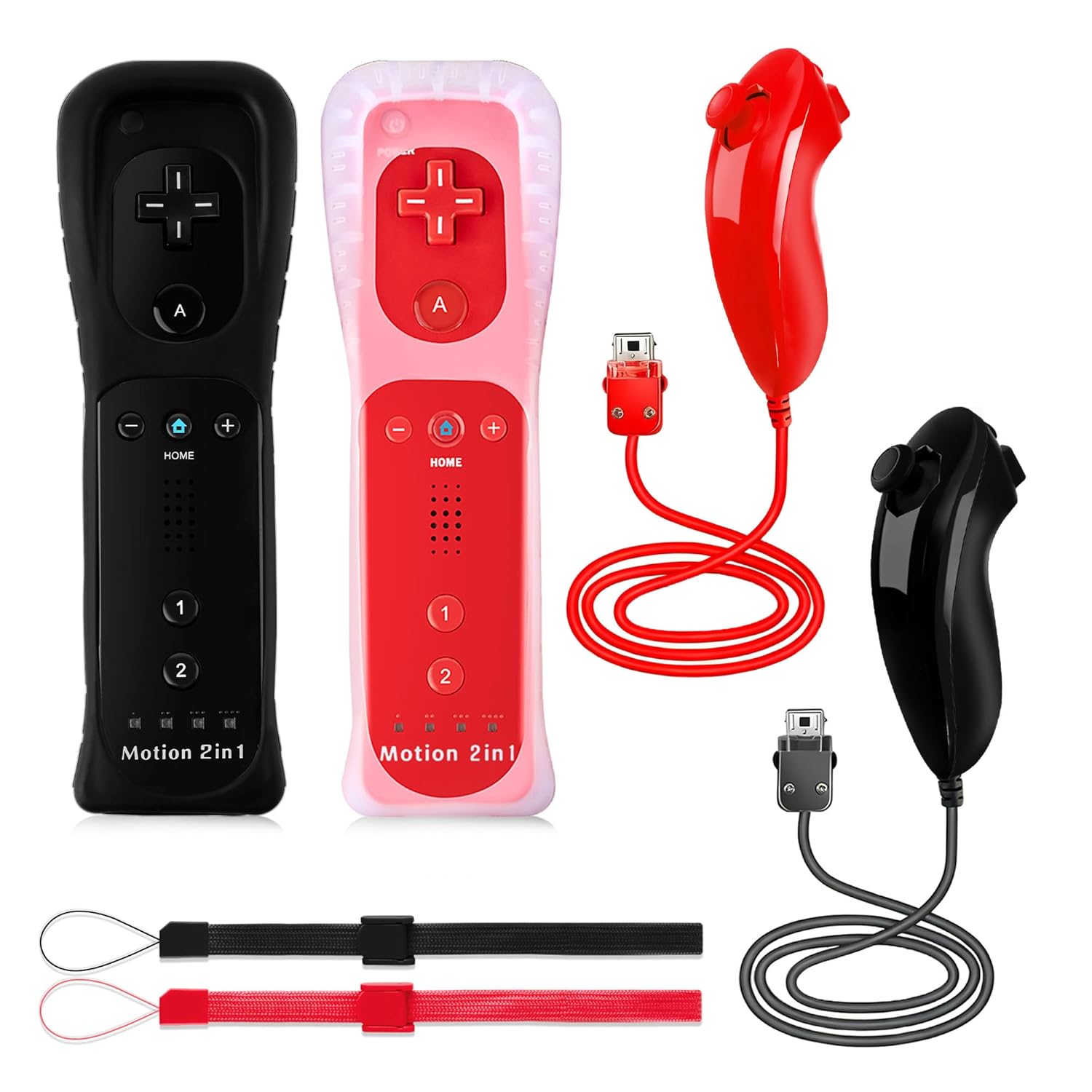 PaveRovi 2Pack Motion Plus Wii Controllers with Nunchucks,Wii Remote Controllers with Built in Motion Plus Compatible for Wii/Wii U Consoles(Red+Black)