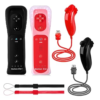 DTianSir 2 Pack Wii Remote Controller with Nunchuk Controller,Wireless Controller with Built in Motion Plus for Nintendo Wii & Wii U Console Black&Red