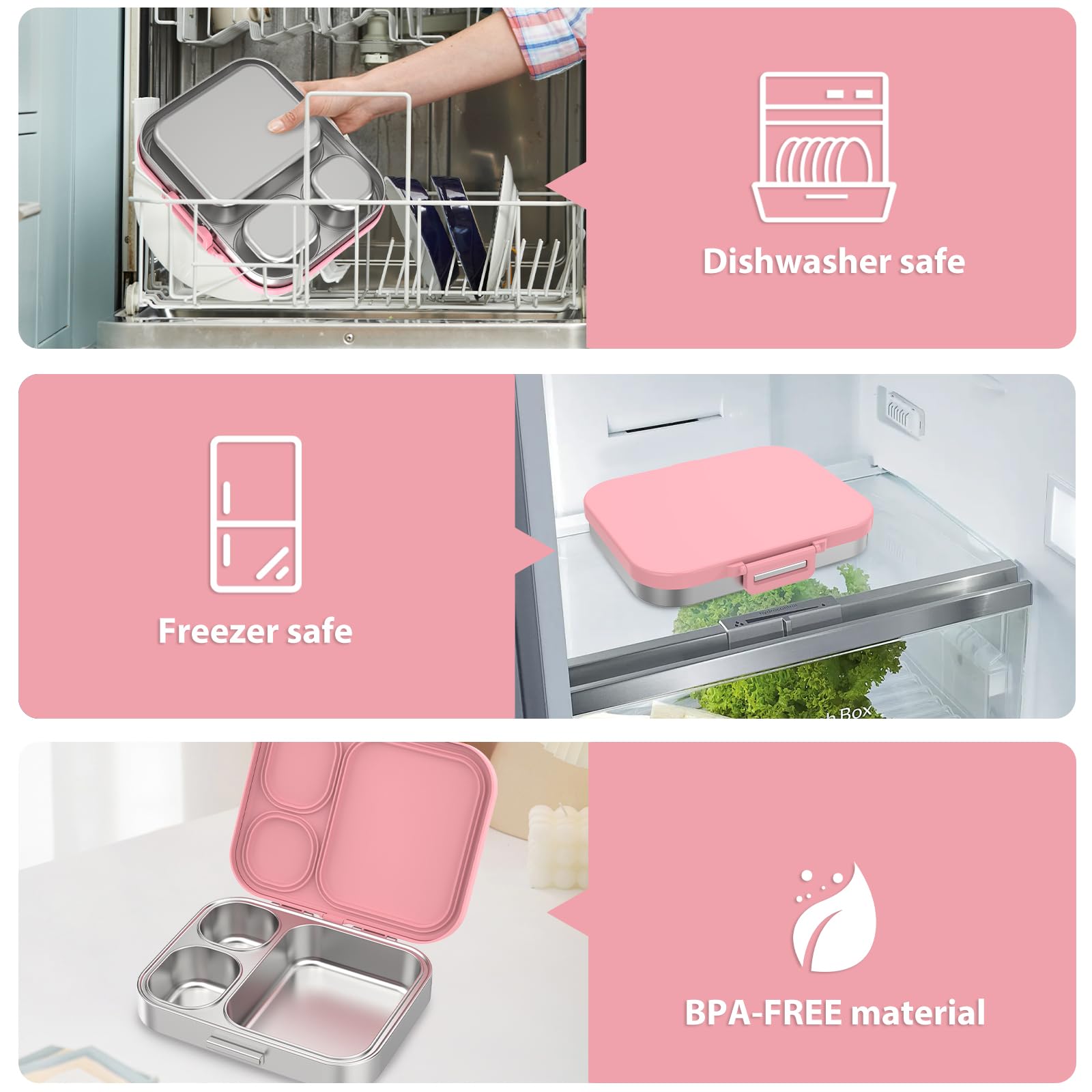 Pawtong Lonchera Bento de acero inoxidable para niños, contenedor de 3 compartimentos para niños, 100 % a prueba de fugas, apta para lavavajillas, ecológica, control perfecto de porciones para comidas