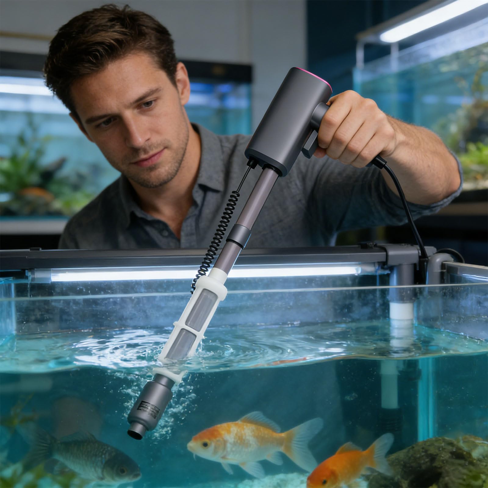 PANGBOER Limpiador de cisterna de peces con capacidad de 1800 litros por hora y 60 minutos de duración de trabajo para reemplazo de agua y eliminación de residuos, limpiador de acuarios recargable