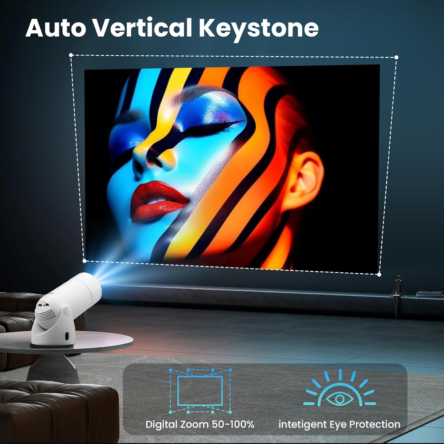 Mini Projector with WiFi and Bluetooth, 4K Support 1080P 300 ANSI Portable Projector, Built-in Apps, 40"-200" Screen Video Projector with Auto Keystone, 180°Rotatable Smart Proyector for Home Outdoor