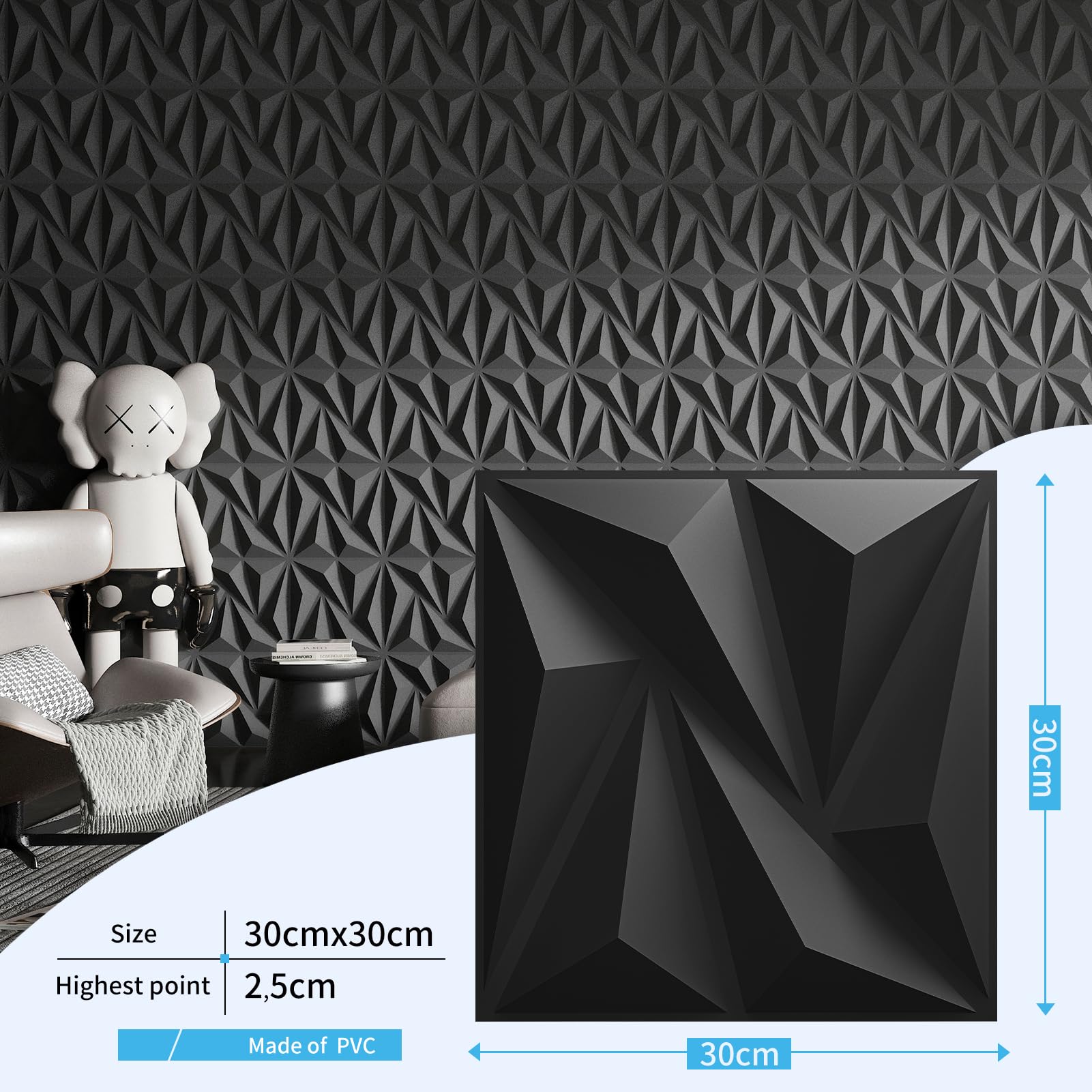 Art3d 3D Wall Panel for Interior Wall Décor with Tape, PVC Diamond Textured Wall Panels - Image 2