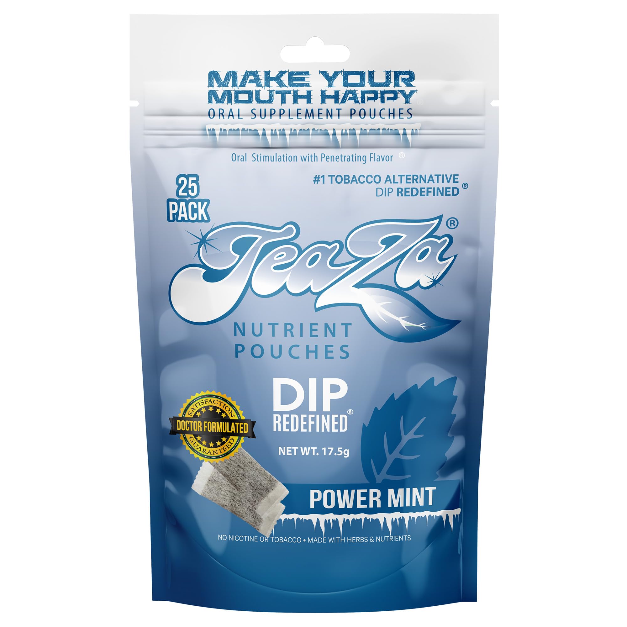 TeaZa Energy - Tobacco-Free Pouches Nicotine-Free Dip, Smokeless Alternative Snuff Healthy Chewing Dipping Alternative, Power Mint (1 Pack)