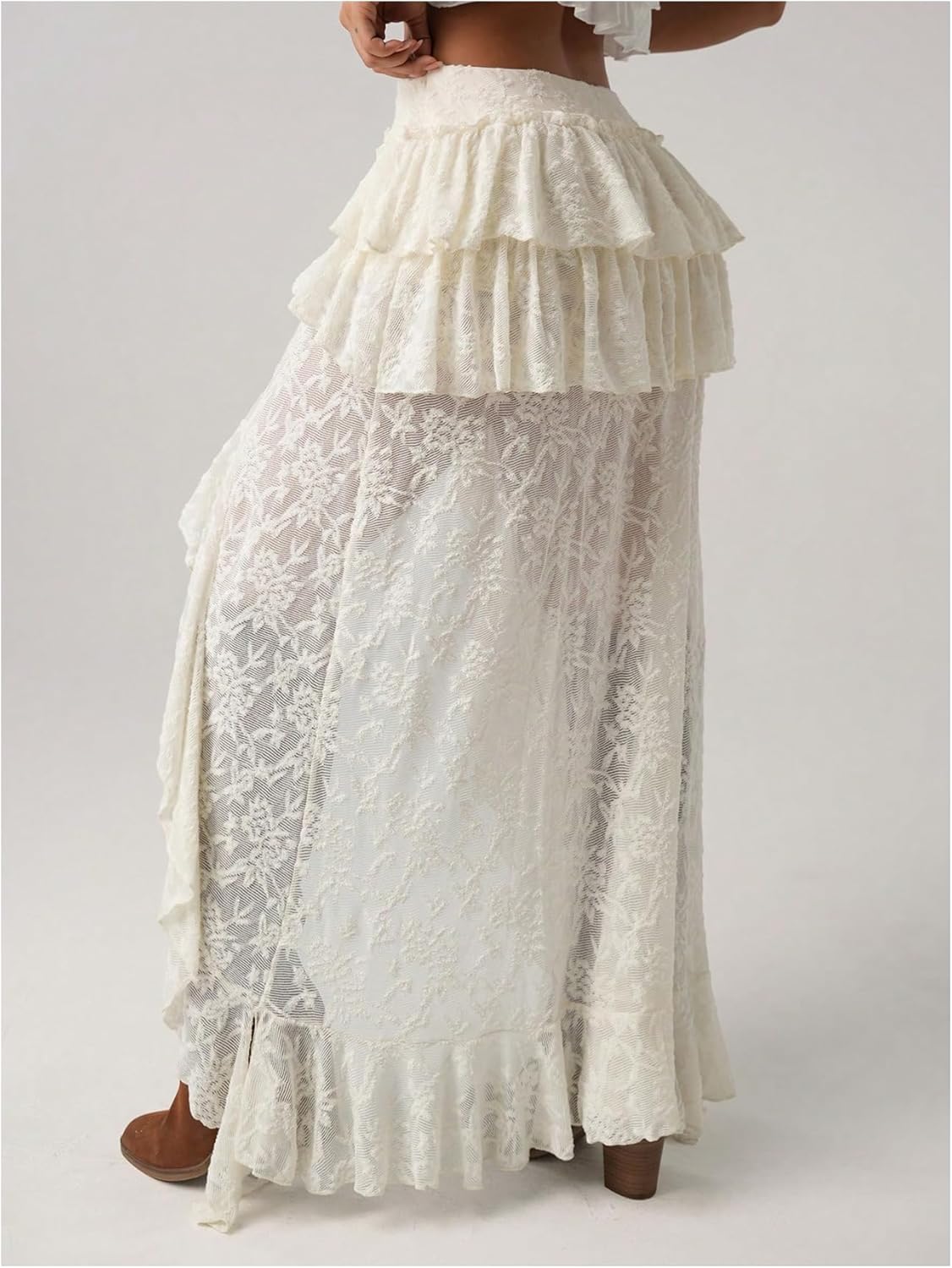 SHENHE Women's High Low Lace Skirt Low Rise Layered Ruffle Western Boho Hippie Fairy Long Skirt - Image 2