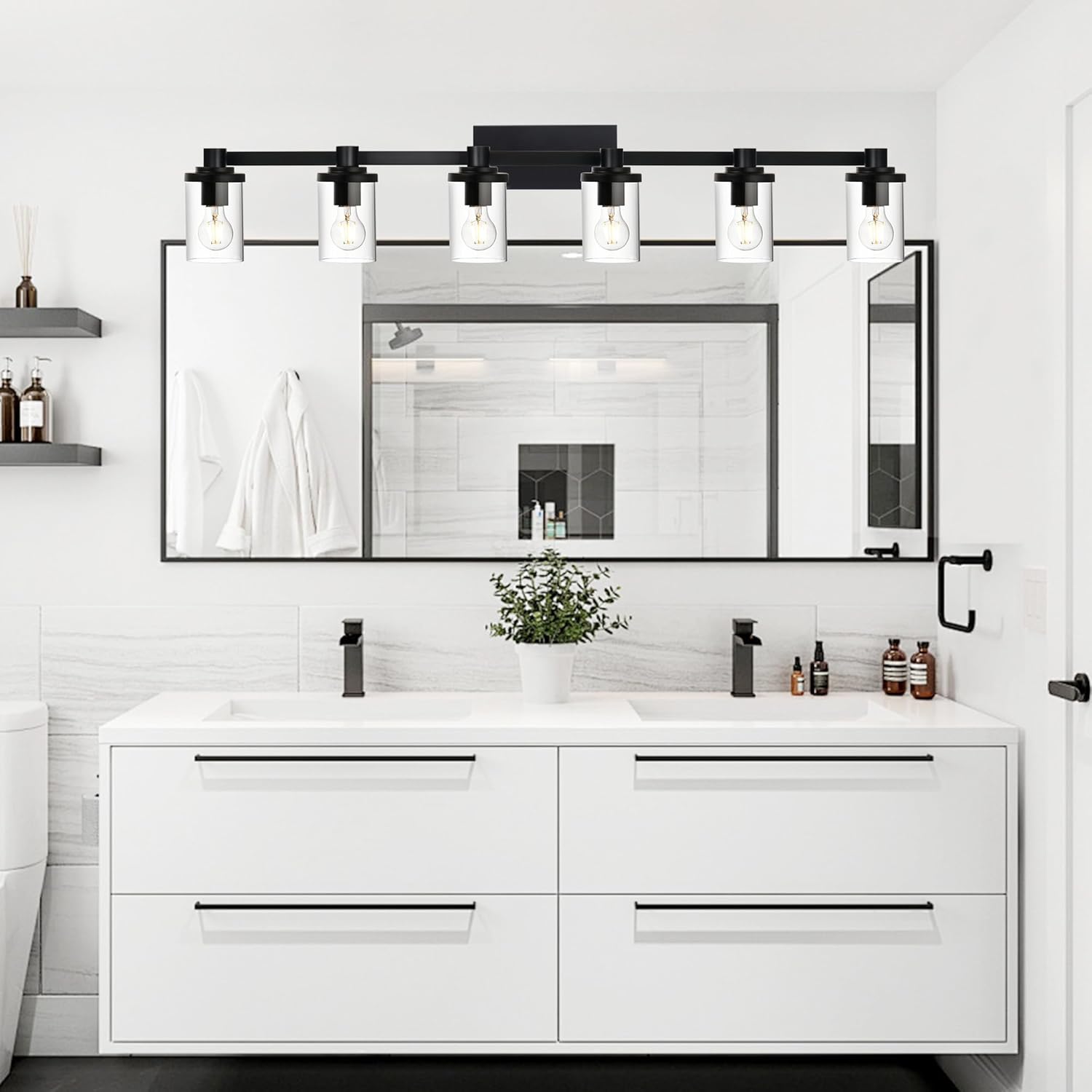 Black Industrial Vanity Lights, 6 Light Wall Lights, Wall Sconces Light with Clear Glass Shade Bathroom Light Fixtures for Bathroom Cabinets Dressing Table Hallway,Restroom Black 6 Lights