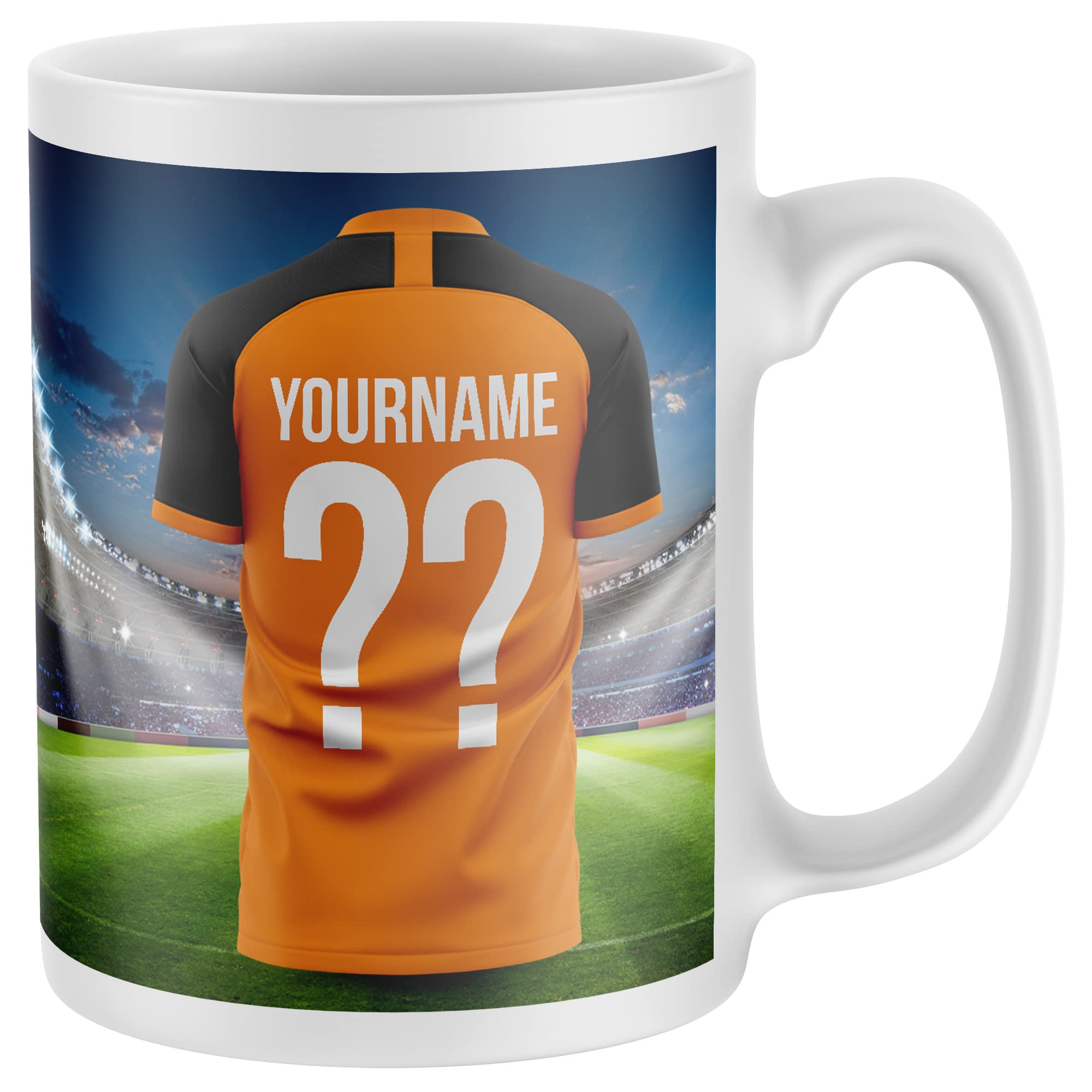 Personalised Supporters Mug, Football Kit Shirt Name and Number Coffee Cup, All Teams and Colours. Fan Birthday Gift Idea for Son, Daughter, Mum, Dad, One Size, Orange Black