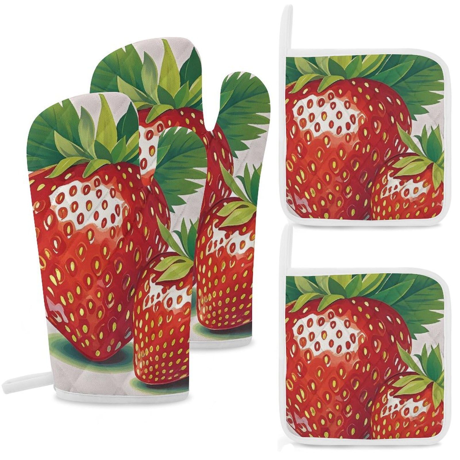 Oven Mitts And Pot Holders Sets of 4 Heat Resistant Kitchen Gloves Strawberry Clipart Oven Mitts BBQ Gloves Cotton Lined Oven Gloves And Hot Pads Non-Slip Potholders for Kitchen Baking Cooking