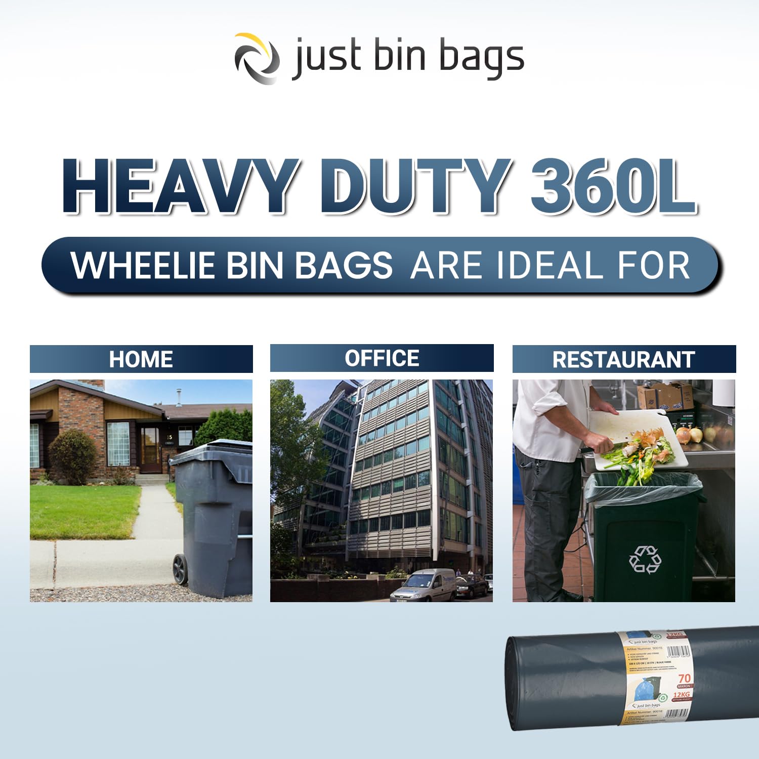 30 bolsas de basura para cubos de basura, 360 L, color azul, resistentes, 12 kg – 70 micrones, 100 x 125 cm (3 rollos de 10 bolsas cada una)