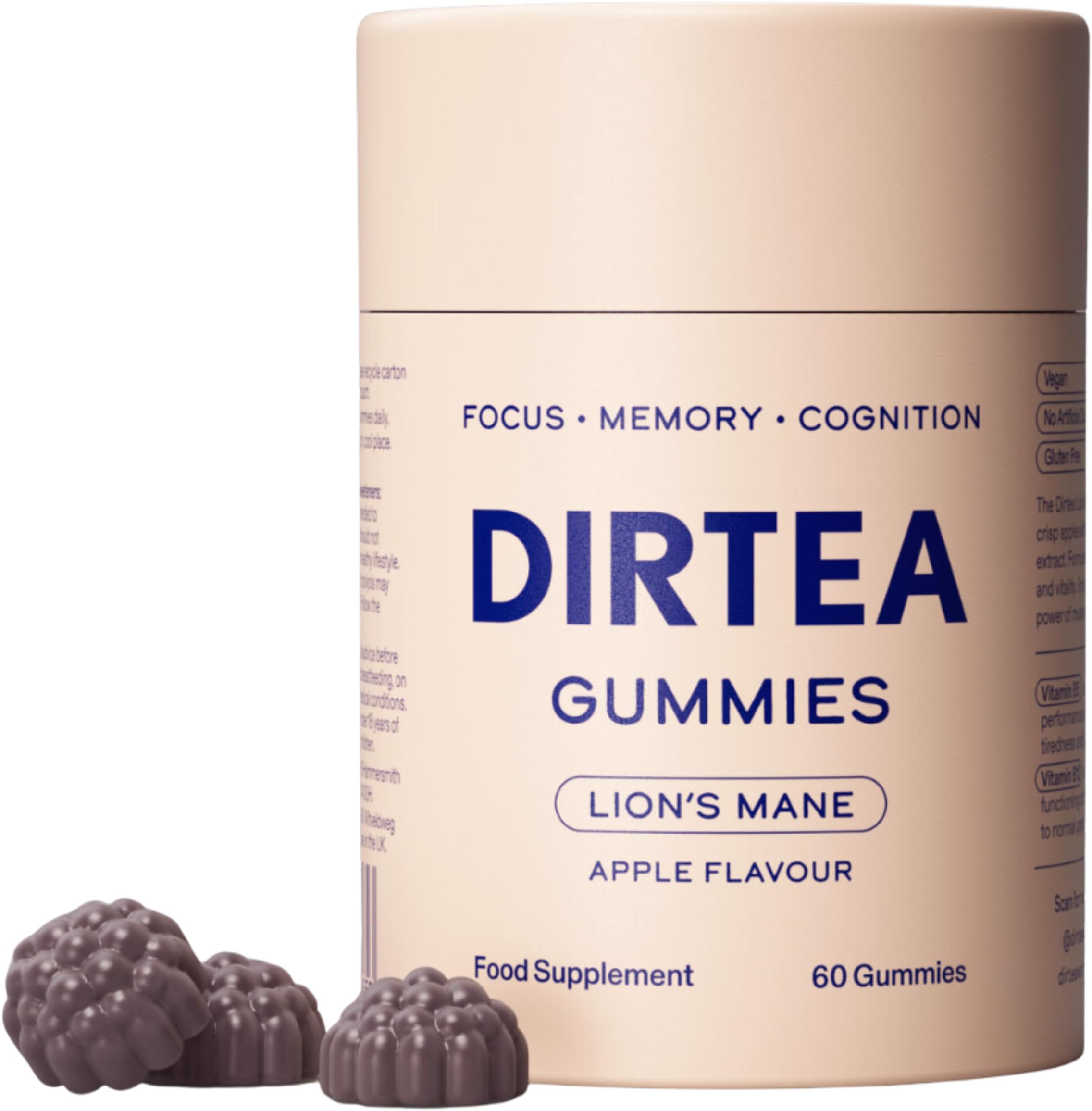 Lion's Mane Mushroom Gummies (60 Gummies) - 2,400mg per Serving - Vegan, Natural & Sugar Free with Vitamin B12 & B5 - Apple Flavour