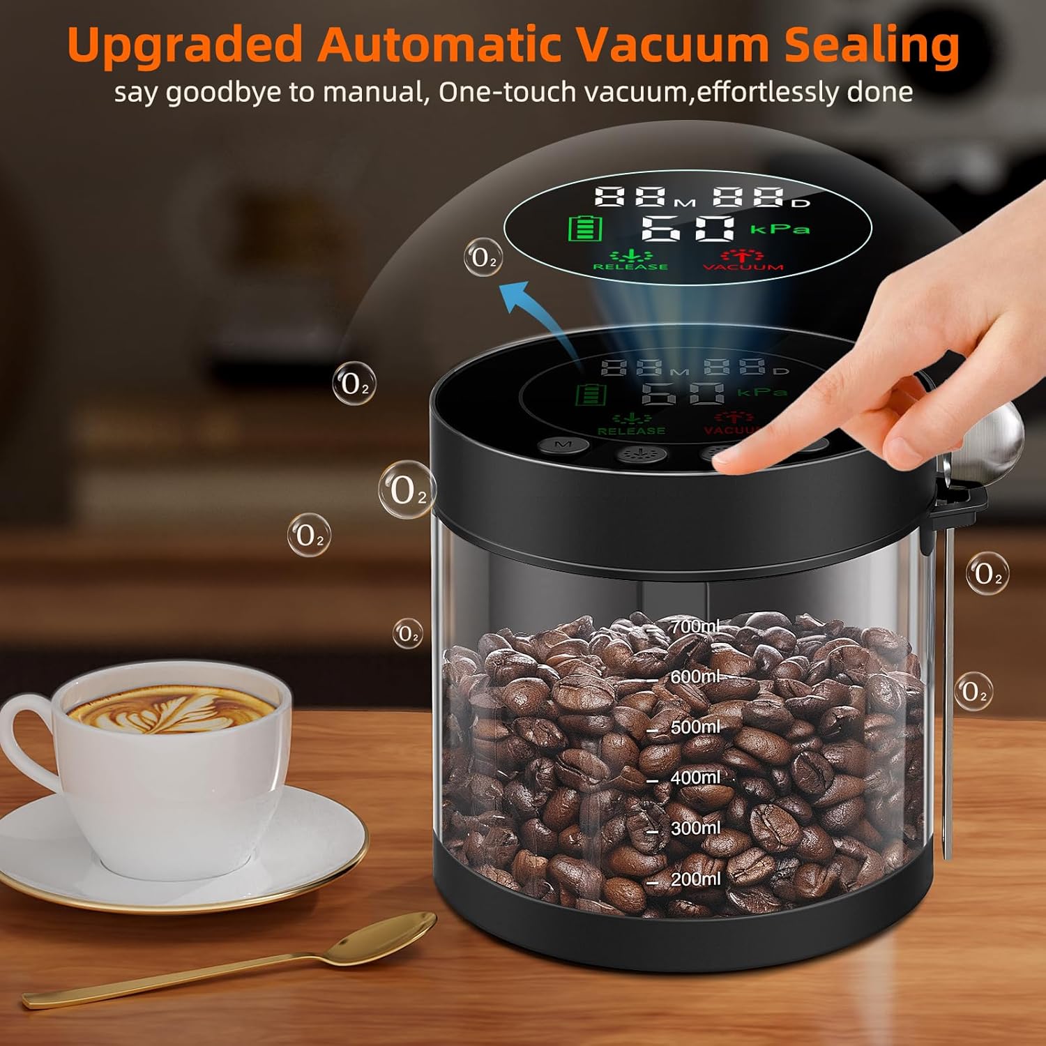 Electric Vacuum Coffee Canister, 0.8L Glass Airtight Food Storage Containers with Smart Pressure Sensor, Automatic Coffee Bean Container Rechargeable with LED Display Window for Kitchen Food Storage