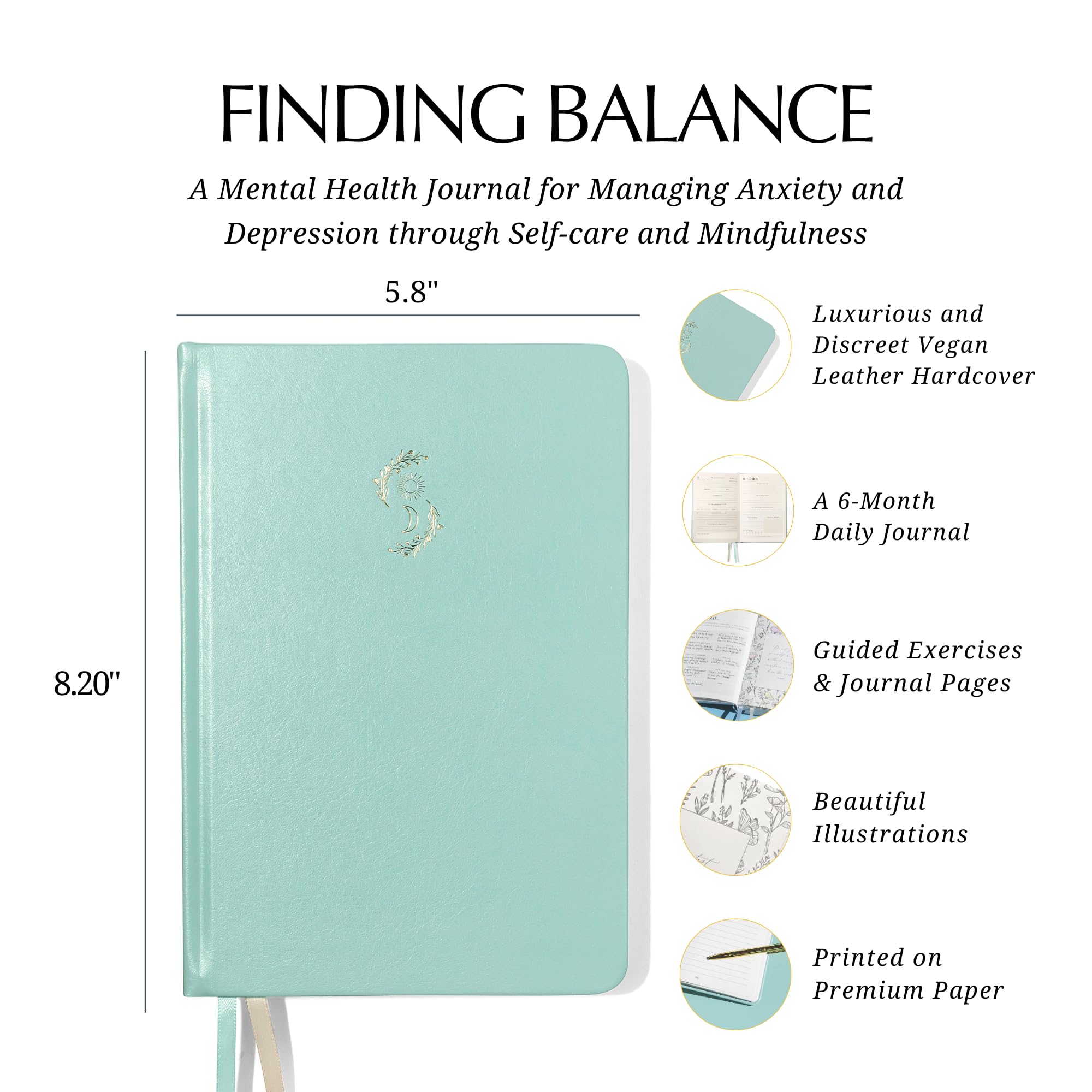 LIFTINSPIRE CO. FINDING BALANCE - Diario de salud mental – Diario diario de 6 meses con indicaciones para atención plena, cuidado personal y curación – Alivio de la ansiedad y la depresión – Tapa dura