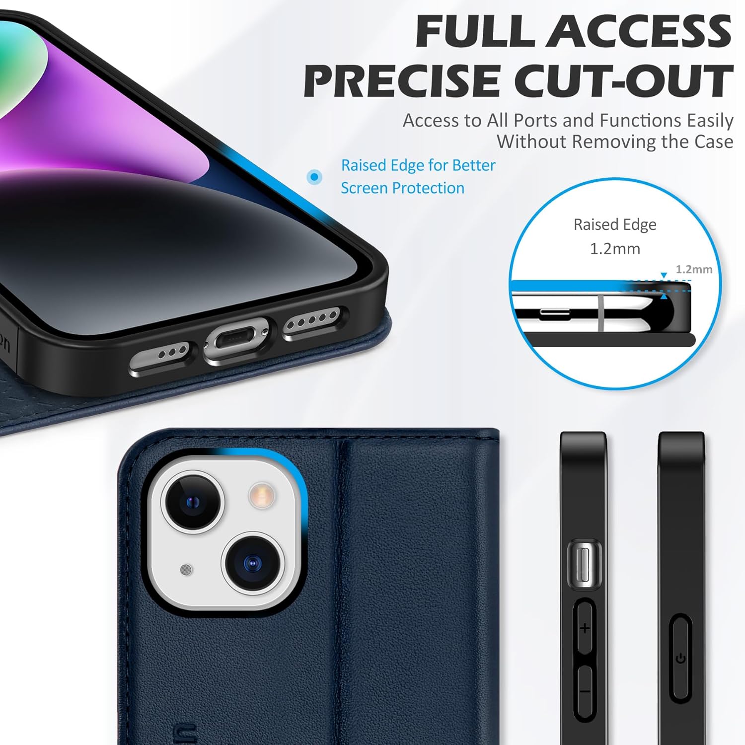 SHIELDON Case for iPhone 14 5G 2022, Genuine Leather Flip Wallet Magnetic Kickstand RFID Blocking Protection Credit Card Holder with Shockproof Case Compatible with iPhone 14 (6.1") - Navy Blue