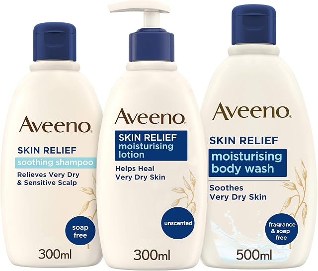 Aveeno Skin Relief Regime Bundle Body Wash Body Lotion and Shampoo for Sensitive Very Dry Skin and Scalp, Blue, 3 count