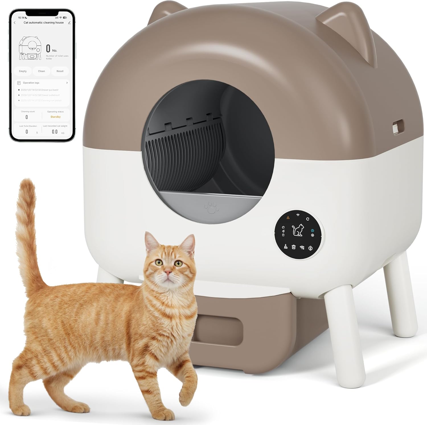 Greesum 76L Large Capacity Fully Enclosed Automatic Litter Box, Cat Ear Design with Garbage Bags Aroma Box and Brush for Multi - Cat Families (Brown)