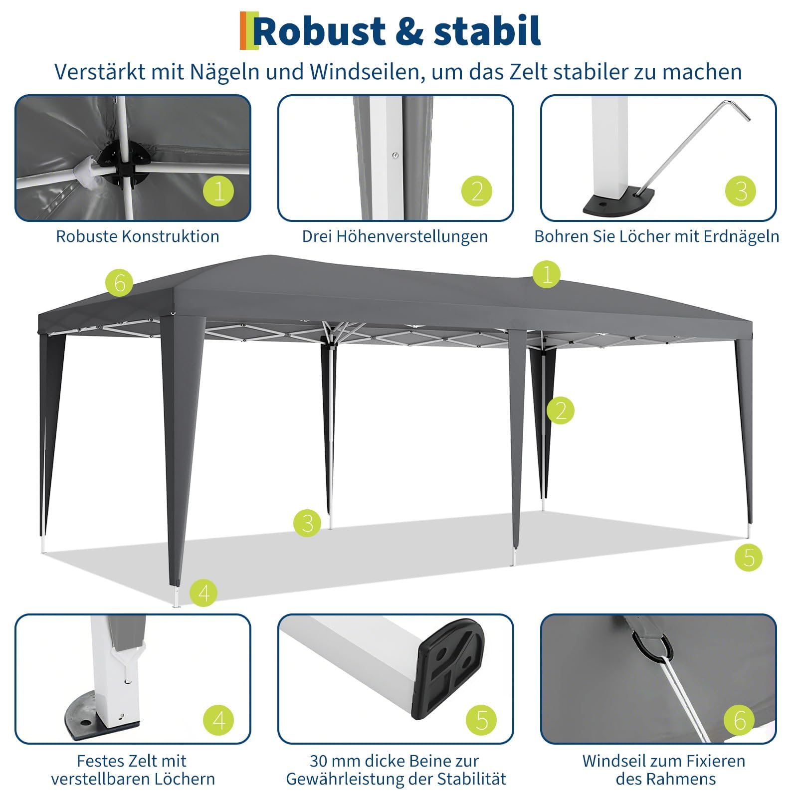 Heavy Duty Pavillon 3x6 m Mit 6 Abnehmbaren Seitenwänden, Easy Pop Up Kommerzielle Partyzelt, Große Außenüberdachungen Mit 3 Verstellbaren Höhen, Dunkelgrau, 210D