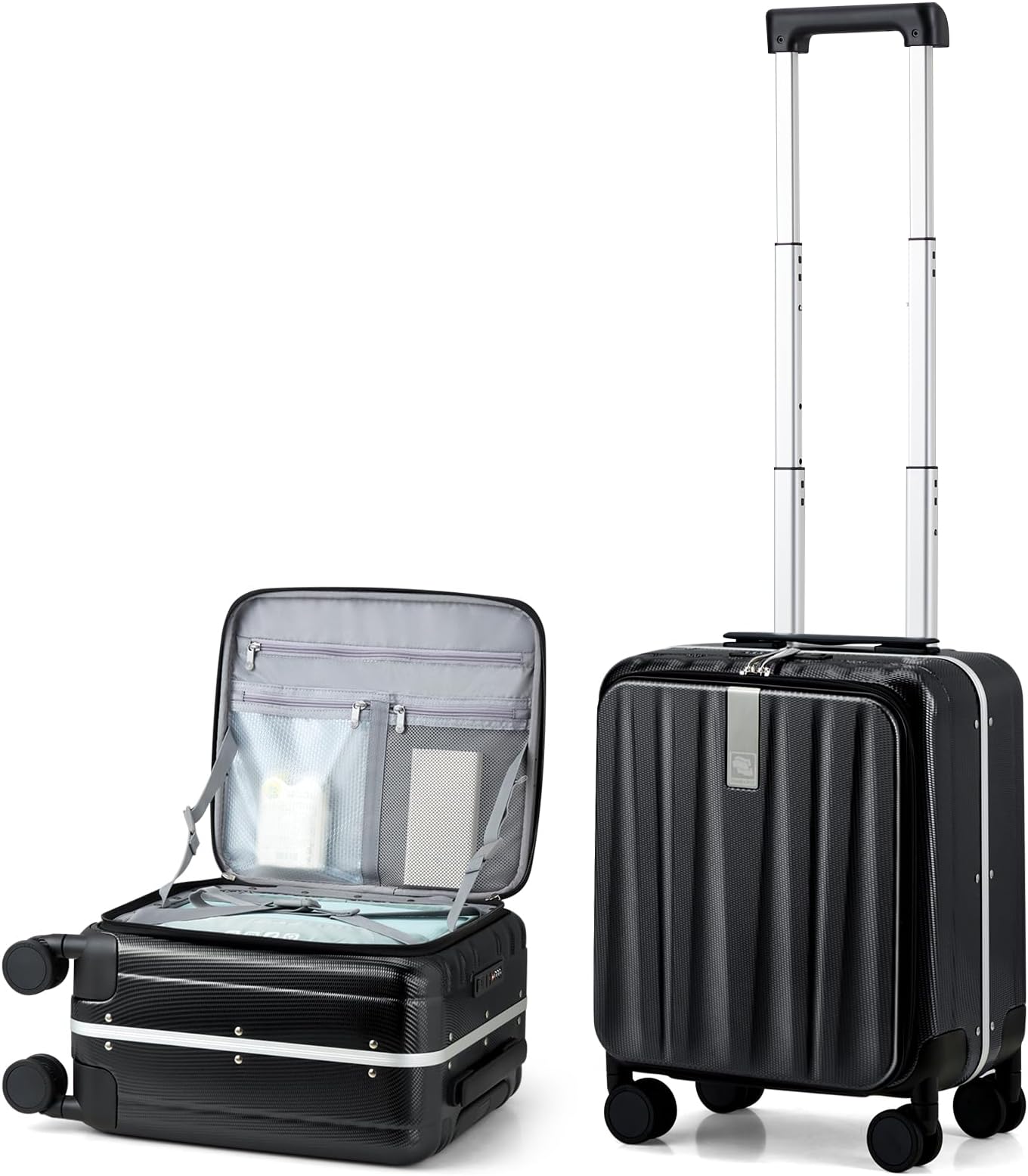 Hanke Suitcase Underseat 16 Inch Front Opening Hand Luggage Hard Shell Suitcase with Lock and 4 Dual Spinners Suitcases with Wheels for Women Men, Black