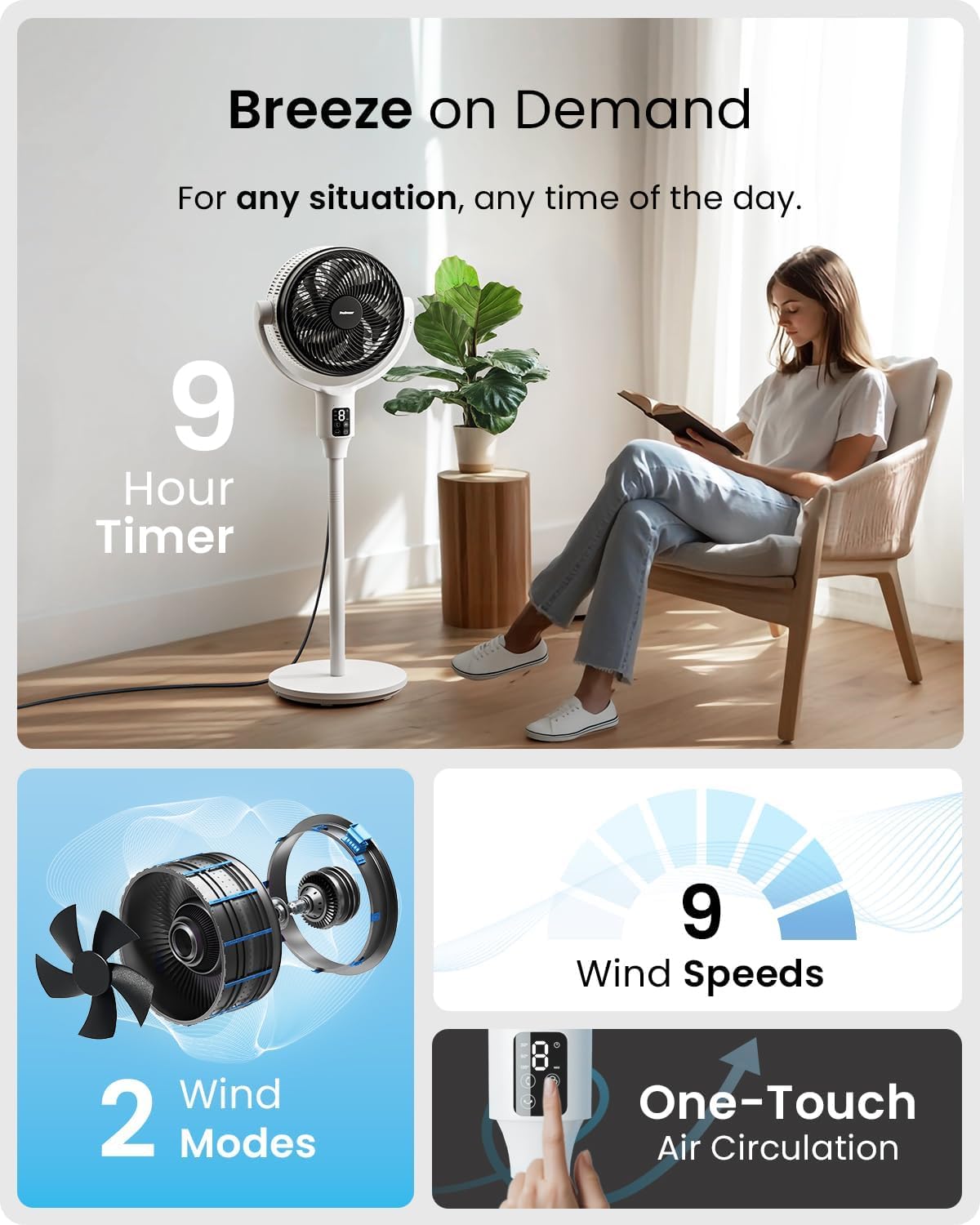 Pro Breeze Ventilateur AirFlo XL sur pied - 20% plus puissant - 111 cm Silencieux avec Écran LED & Télécommande – 2 Modes de Refroidissement – Oscillation Horizontale & Verticale