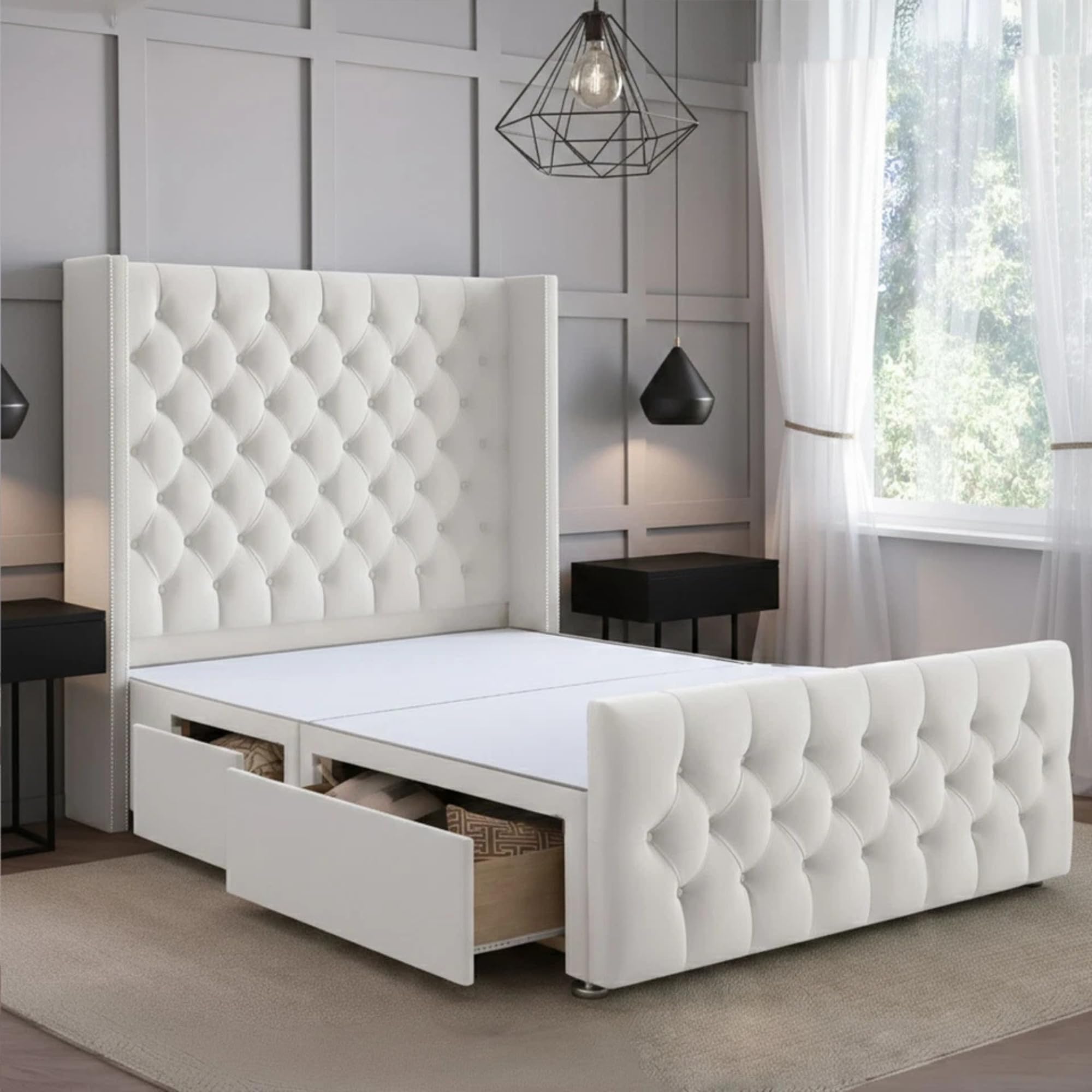 Chesterfield Winged Divan Bed 2 & 4 Drawers | 54" Upholstered Headboard & Footboard | Plush Velvet Bed Base | 10" Orthopaedic Spring Mattress | UK Sizes (Silver (No Mattress), 3ft ( No Drawers ))