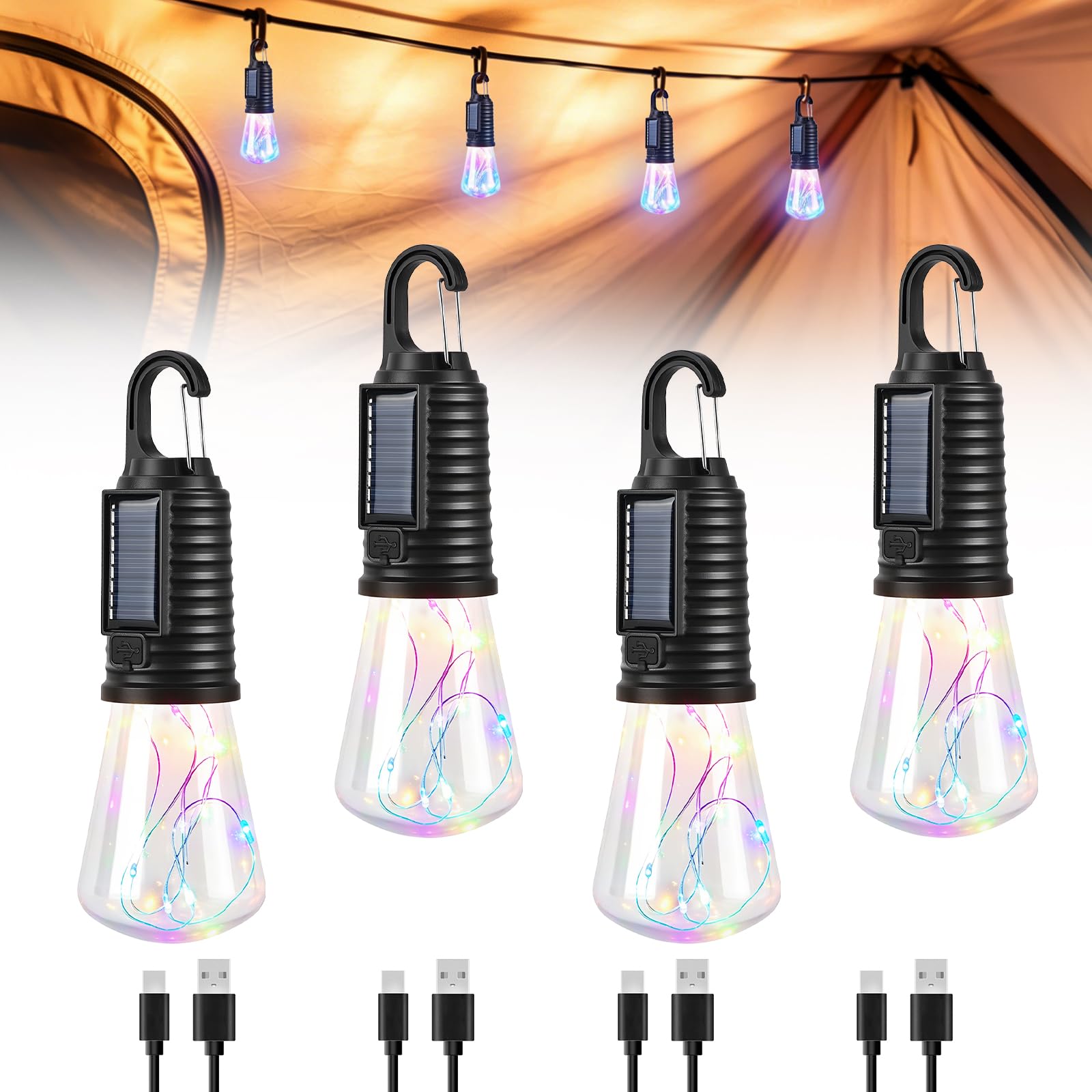 Rechargeable Camping Lights, Solar Camping Lamps with 3 RGB Lighting Modes, Dimmable Camping Lantern Battery Powered for Outdoors, Patio, BBQ, Portable Emergency Light