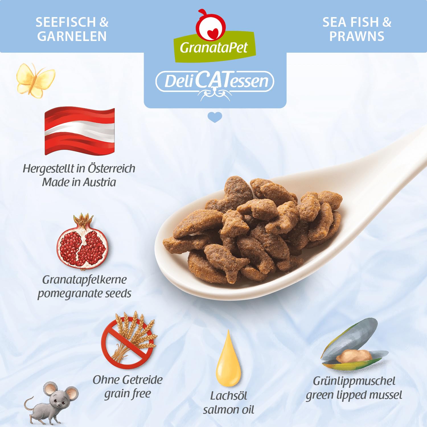 GranataPet Delicatessen Nourriture sèche pour Chats et crevettes de mer savoureuse Nourriture complète sans céréales et sans Sucre 9 kg