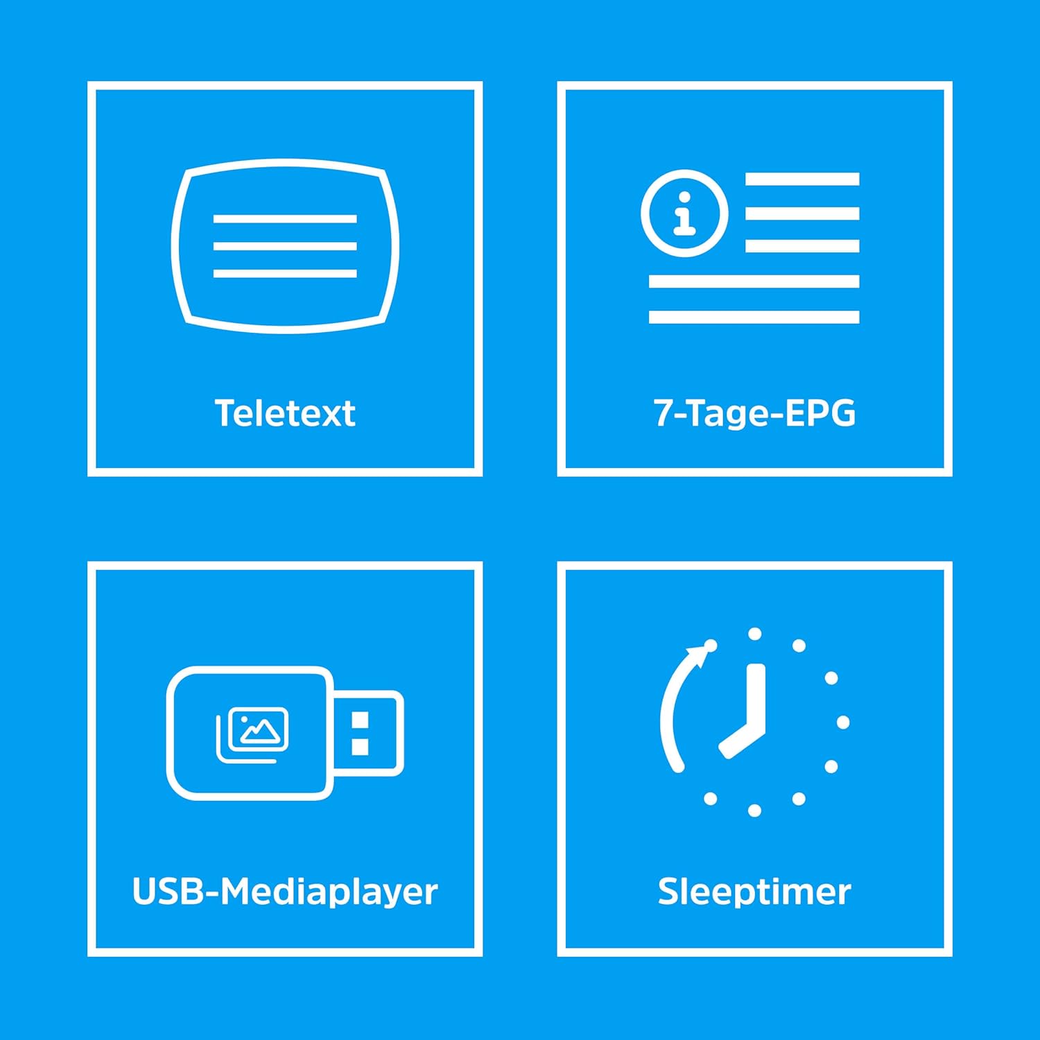 Four icons representing key features: Teletext, 7-day EPG, USB Media Player, and Sleep Timer.