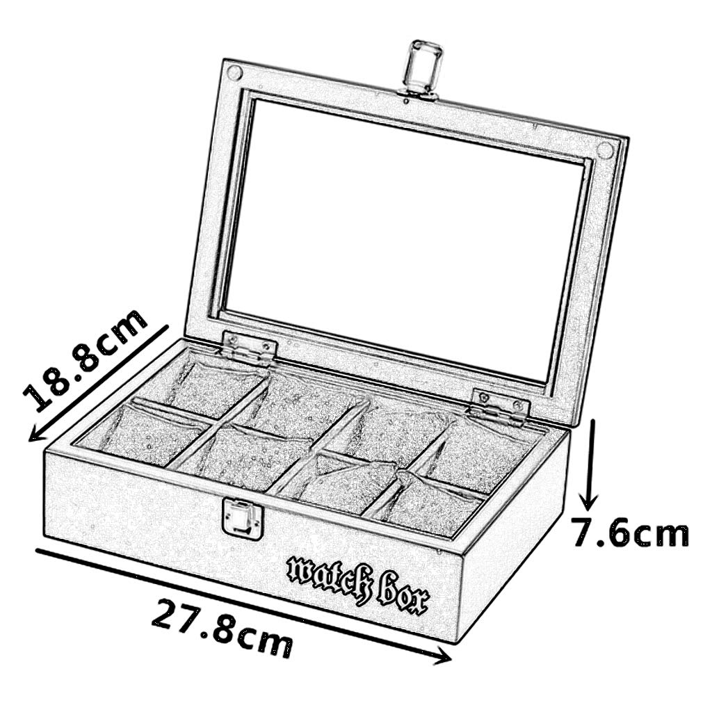 Caja de reloj de 8 rejillas con parte superior de cristal, caja de almacenamiento para exhibición de joyas, organizadores, bandejas para pulseras, cajas con cierre de Metal, 8 almohadas extraíbles