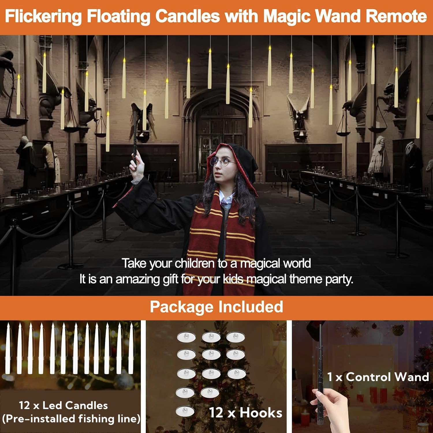 Floating Candles, 12 sztuk, 16,8 cm, migoczące świece z pilotem zdalnego sterowania Har-ry Potter, magiczna różdżka, świece Har-ry Potter i magiczna różdżka, pilot zdalnego sterowania,