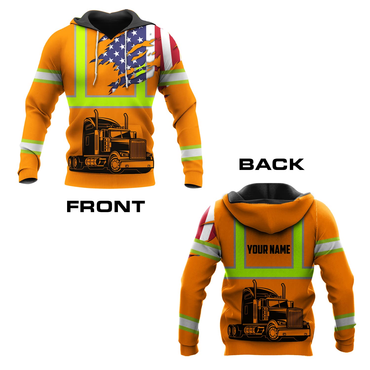 Personalized Name High Visibility Hoodie for Men - Custom Reflective Hoodies with US Flag and Truck - Reflective Unisex Hoodie for Family Friends Co-worker Who Loves Truck - 8 Sizes from S to 5XL