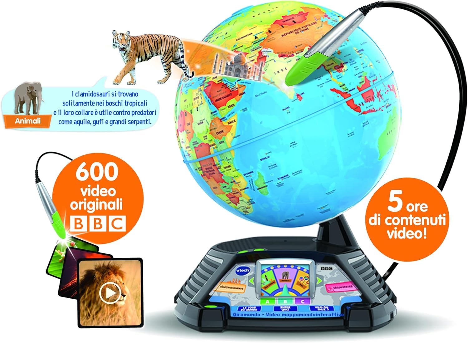 VTech Giramondo Video Mappamondo Interattivo Bambini con Penna Touch 2.7" 600 Video BBC Giochi Educativi Quiz Lingua Italiana 7-99 Anni