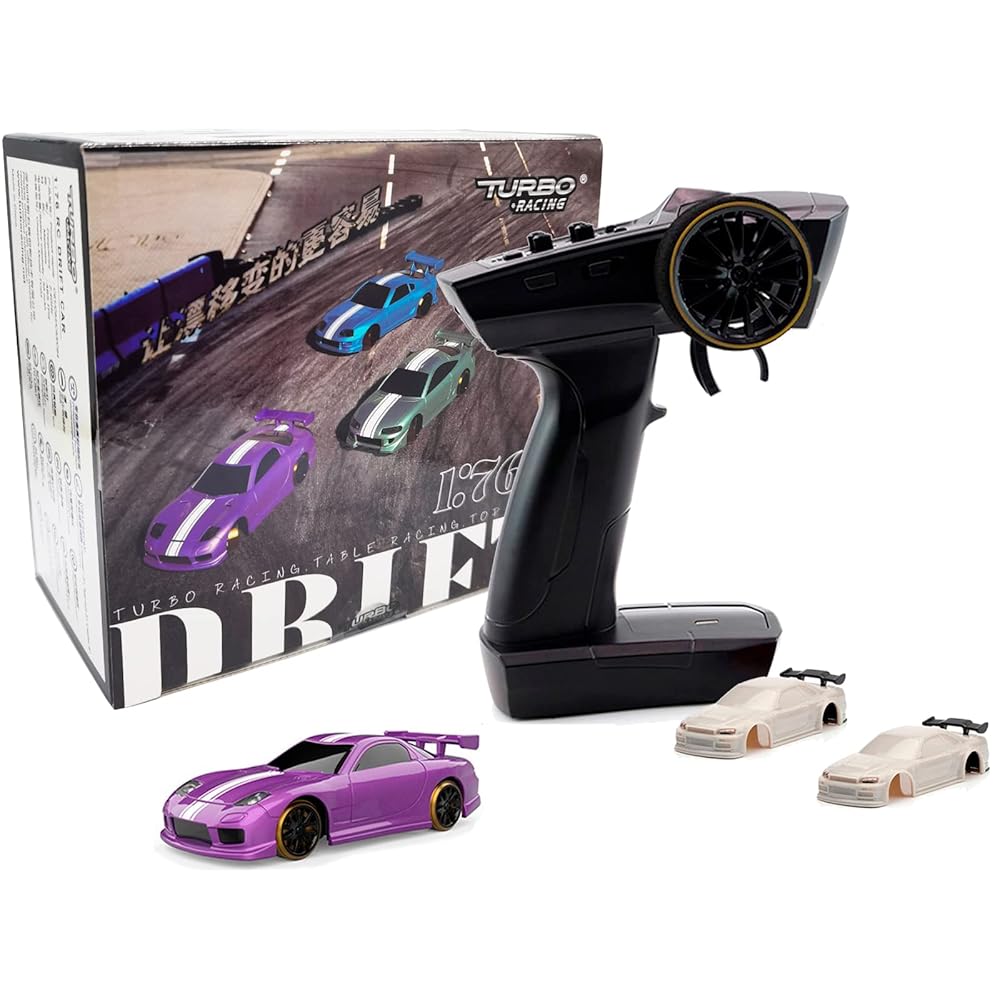 FLYCOLOR Turbo Racing C61 1:76 Scale Drift RC Car with Gyro Mini Full Proportional RTR 2.4GHZ Remote Control with 2 Replaceable Body Shell(Purple)