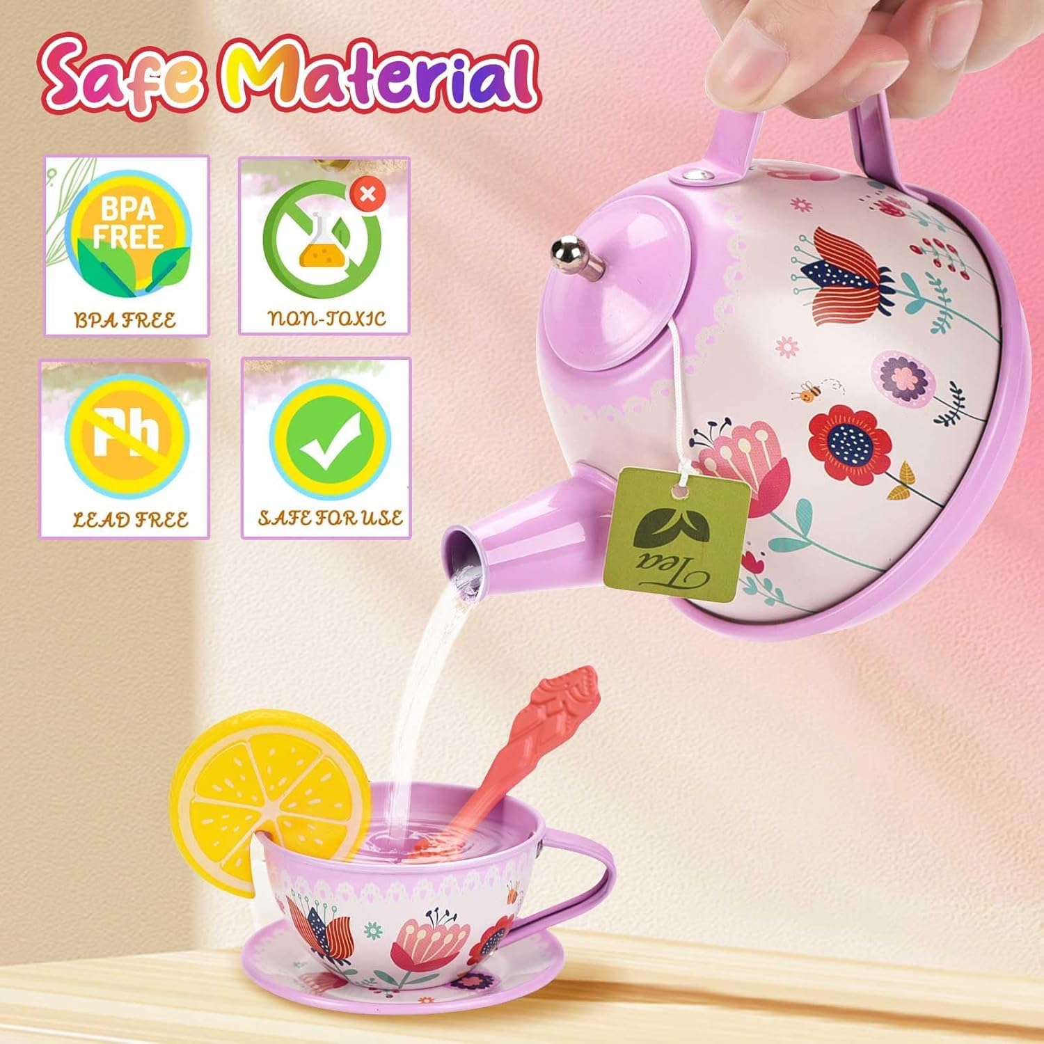 Tea Party Set for Little Girls, Flower Tea Kit Toys for Kids Age 3-8, Toddler Kids Princess Kitchen Pretend Play Toys with Tin Tea Set, Cake Stand, Birthday Gifts for Girls (Flower Teapot Set)