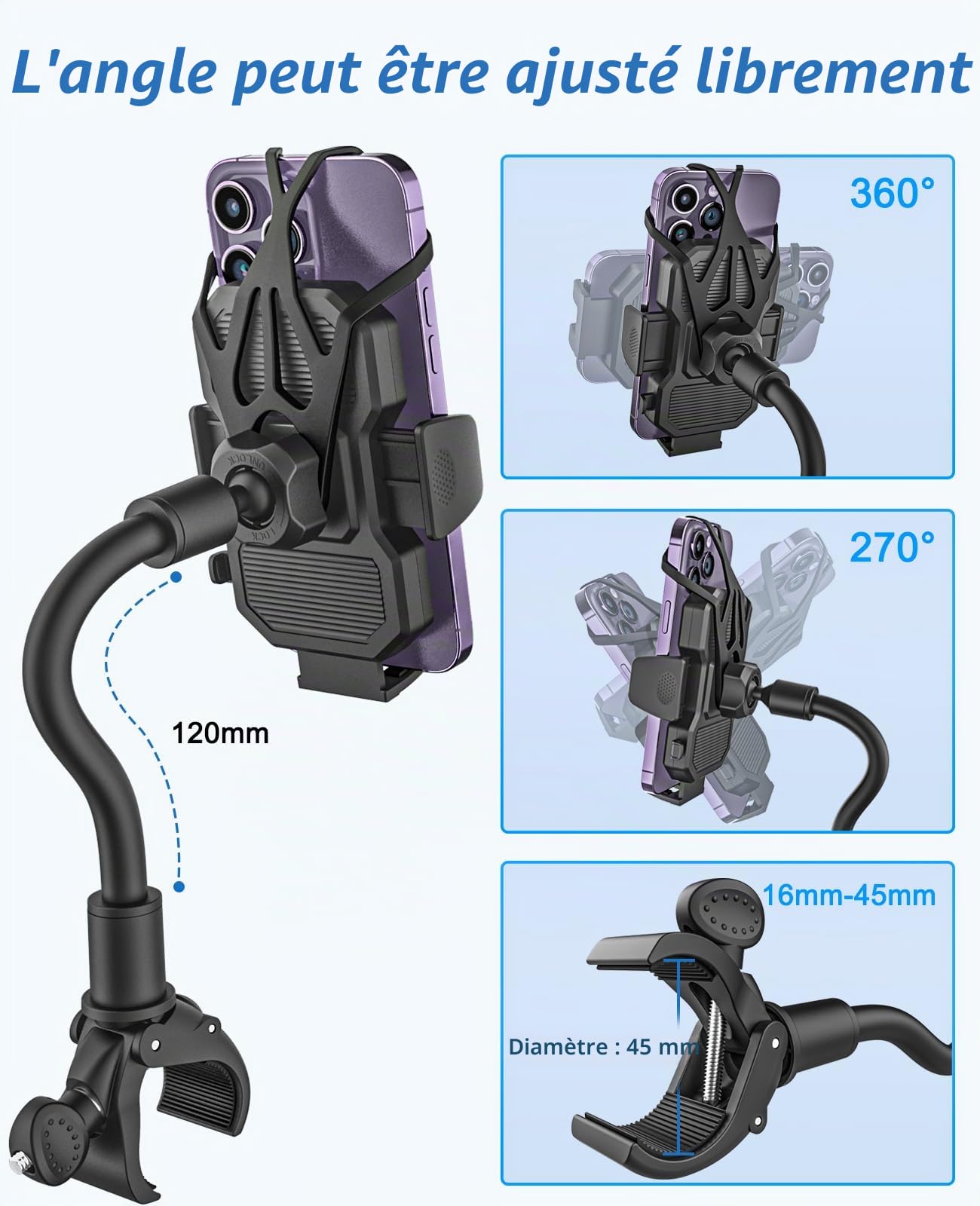 Support Téléphone Velo Guidon, Support Téléphone Tapis de Course en Col de Cygne [Durable Flexible] Porte Home Trainer Elliptique für iPhone 15 14 13 Pro Max, Samsung, 4-7" Smartphones