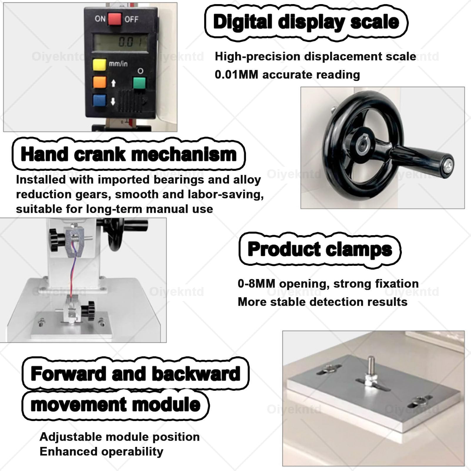 Digitale manuelle Zugprüfmaschine mit Handkurbel, 5 Messspitzen und 2 Klemmen, 270 mm Hub für Druck- und Zugprüfungen