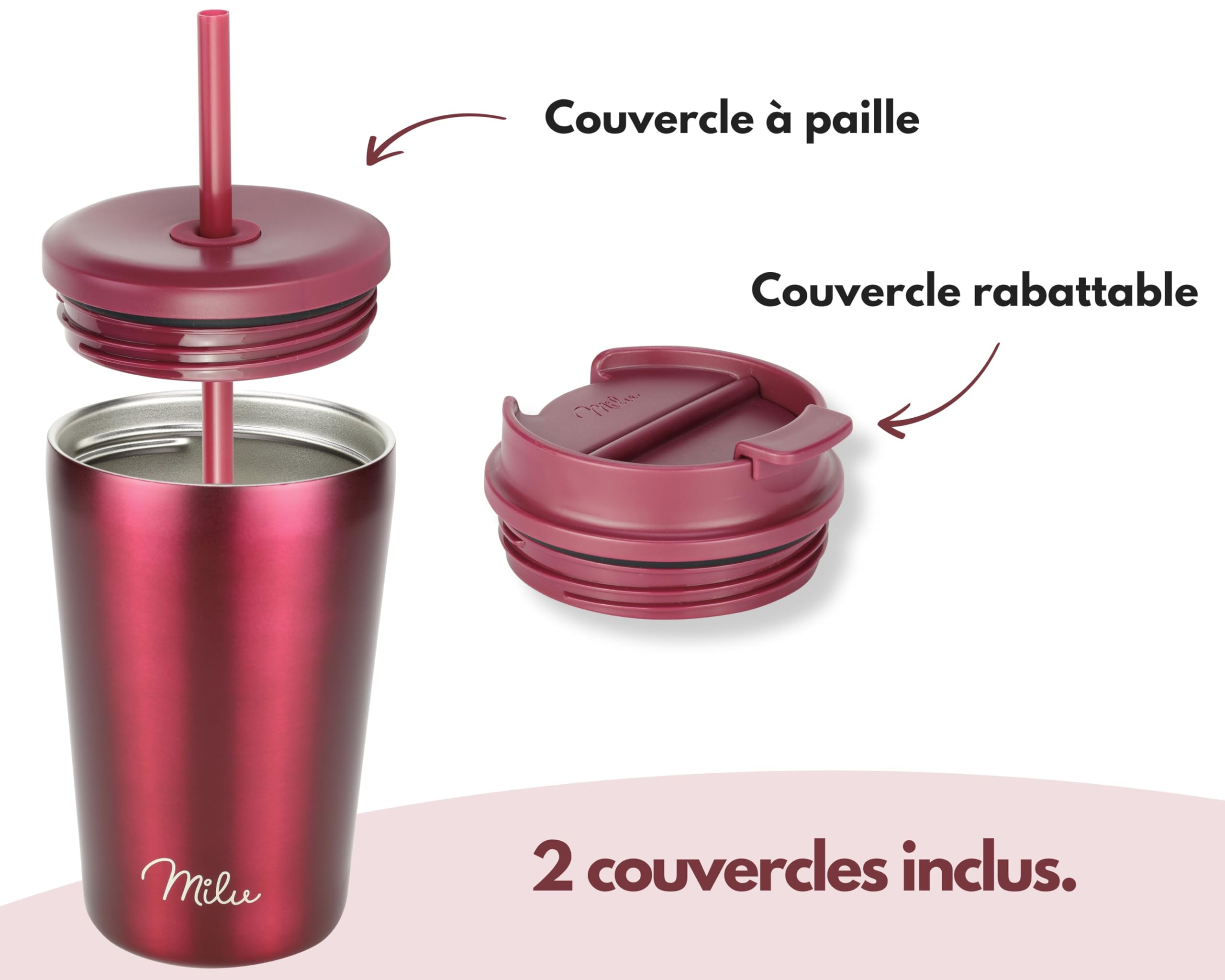 Milu Mug Isotherme 500ml - Thermo Café étanche en acier inoxydable, Tasse thermique sans BPA, 100% anti-fuite(Berry, 500ml)