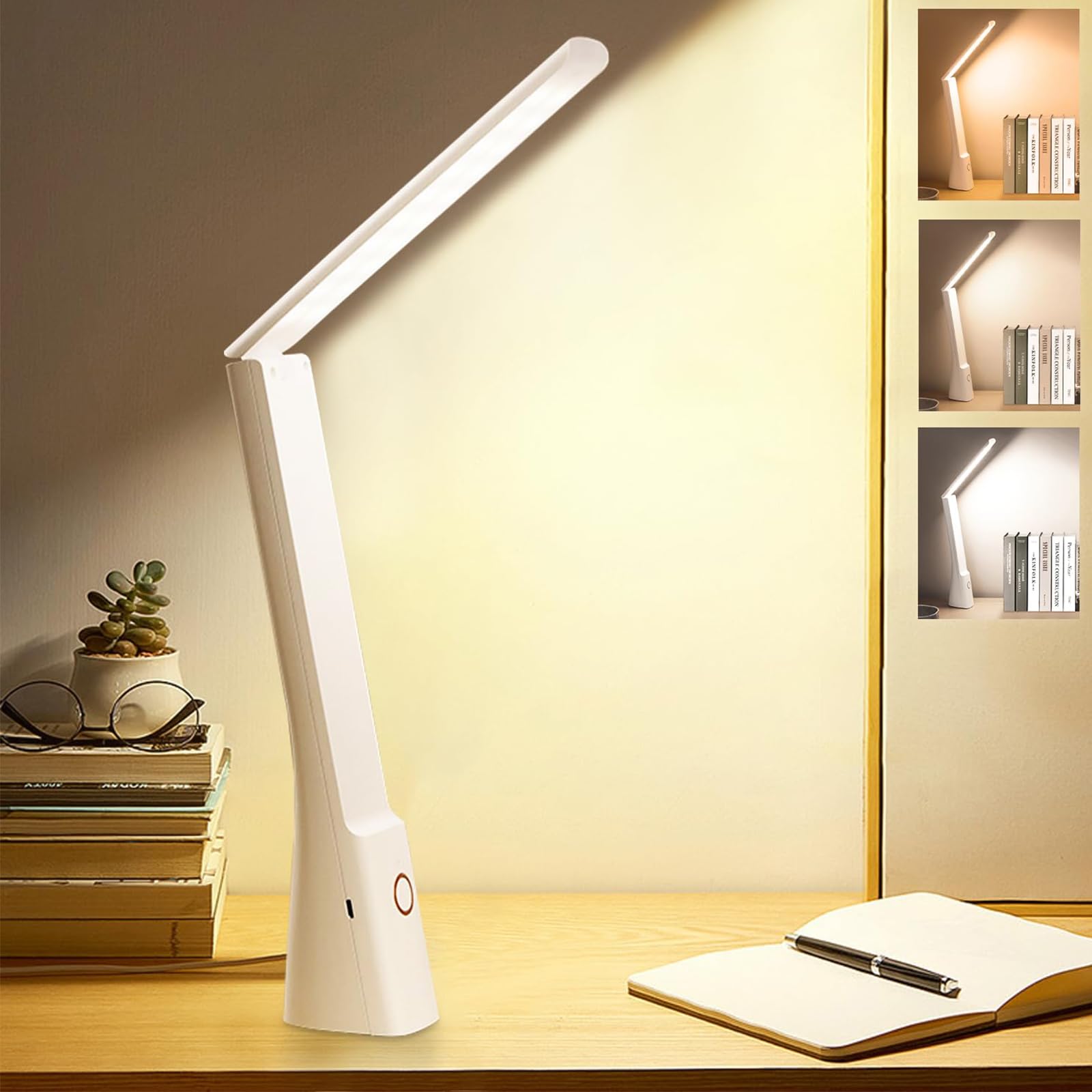 Joyzzz LED Desk Lamp, Home Office Table Lamp with 3 Lighting Modes and Stepless Dimming, Charge and Plug Available Study Lamp, Foldable Portable Eye Protection Table Lamp for Dorm, Study, Bedroom