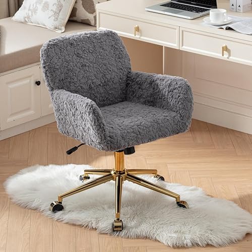 Miniatura 19 de Goujxcy Silla de escritorio esponjosa, silla de tocador de piel sintética, silla giratoria de oficina para niñas y mujeres, altura ajustable, lindas