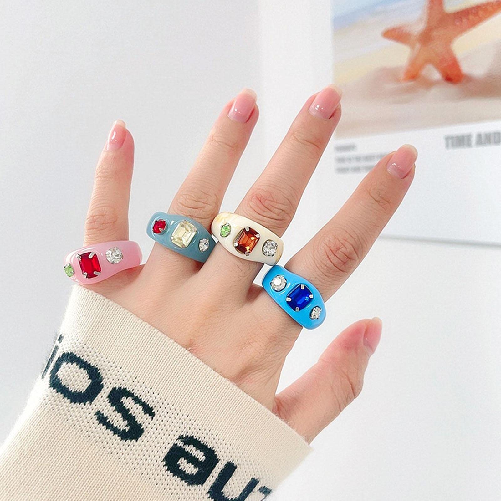 Lot De 9 Bagues Résine Créatives - Anneaux Épais Colorés, Style Élégant Et Confortable - Pour Femmes, Cadeau Mode - 5
