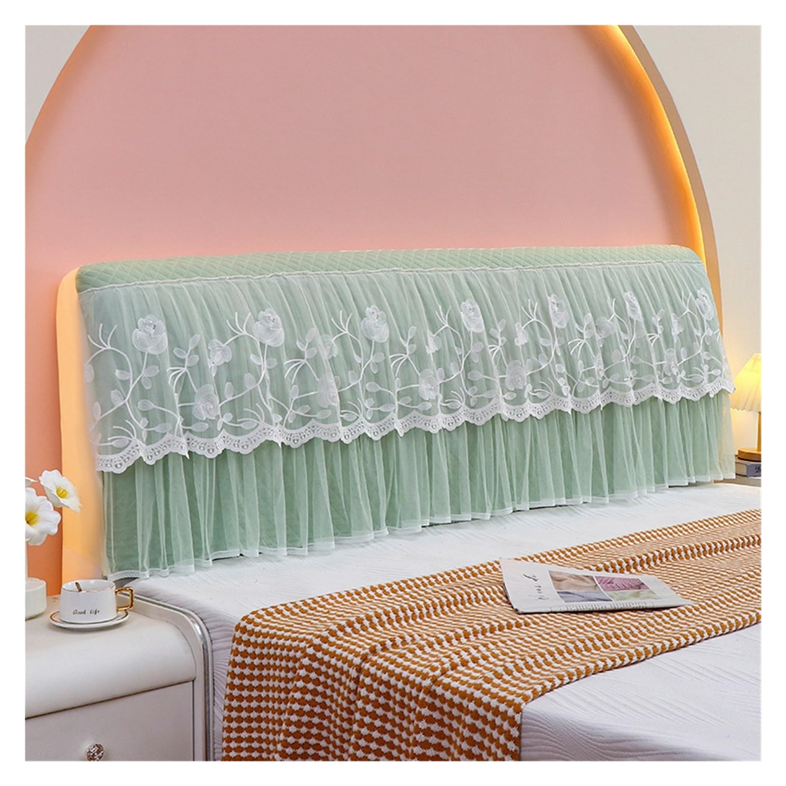 FGUJSUR Headboard Slipcover Fully Covered Headboard Protective Cover Lace Thickened Easy To Disassemble Slipcovers Bump proof Bedside(Green,220cm x H80cm)