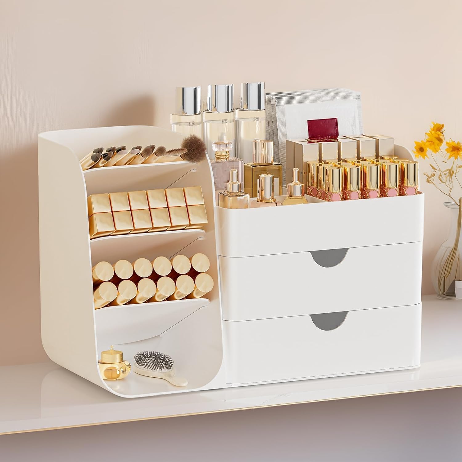 Organiseur de maquillage avec support de pinceaux pour coiffeuse, grand organisateur de comptoir de salle de bain en plastique, rangement facile de rouges à lèvres, vernis à ongles, parfums, palettes