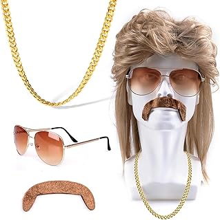 Perruque Mulet Hommes Année 80 70s, Marron Clair Longue Perruques avec Lunettes de Soleil, Fausse Barbe, Collier, Disco Rock Coiffure pour Carnaval, Cosplay, Halloween, Soirée Fête à Thème