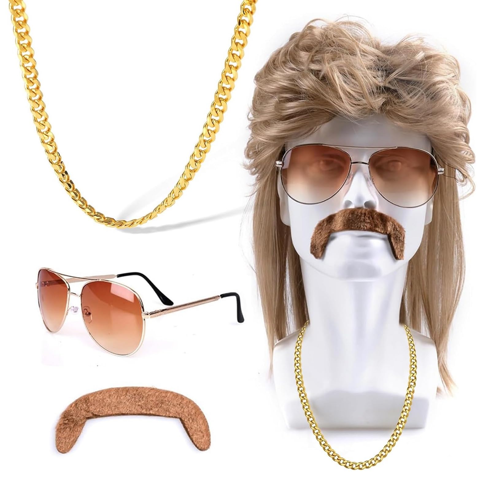 Vokuhila Perücke Herren, 70 80er 90er Jahre Outfit Accessoires, Blond Vokuhila Frisur Perücke mit Bart Brille Halskette, Männer Faschingskostüme für Karneval Halloween Cosplay Rocker Party