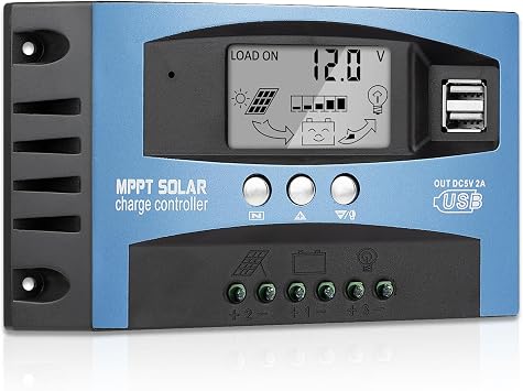 60A MPPT Solar Panel Charging Controller, 12V/24V Auto Solar Battery Charger Controller with LCD Display, Dual USB Port and Timer Setting ON/Off Hours