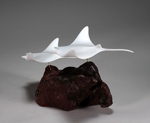 Miniatura 3 de Manta Ray Duo Sculpture by John Perry White Statue on Wood 8in Tall